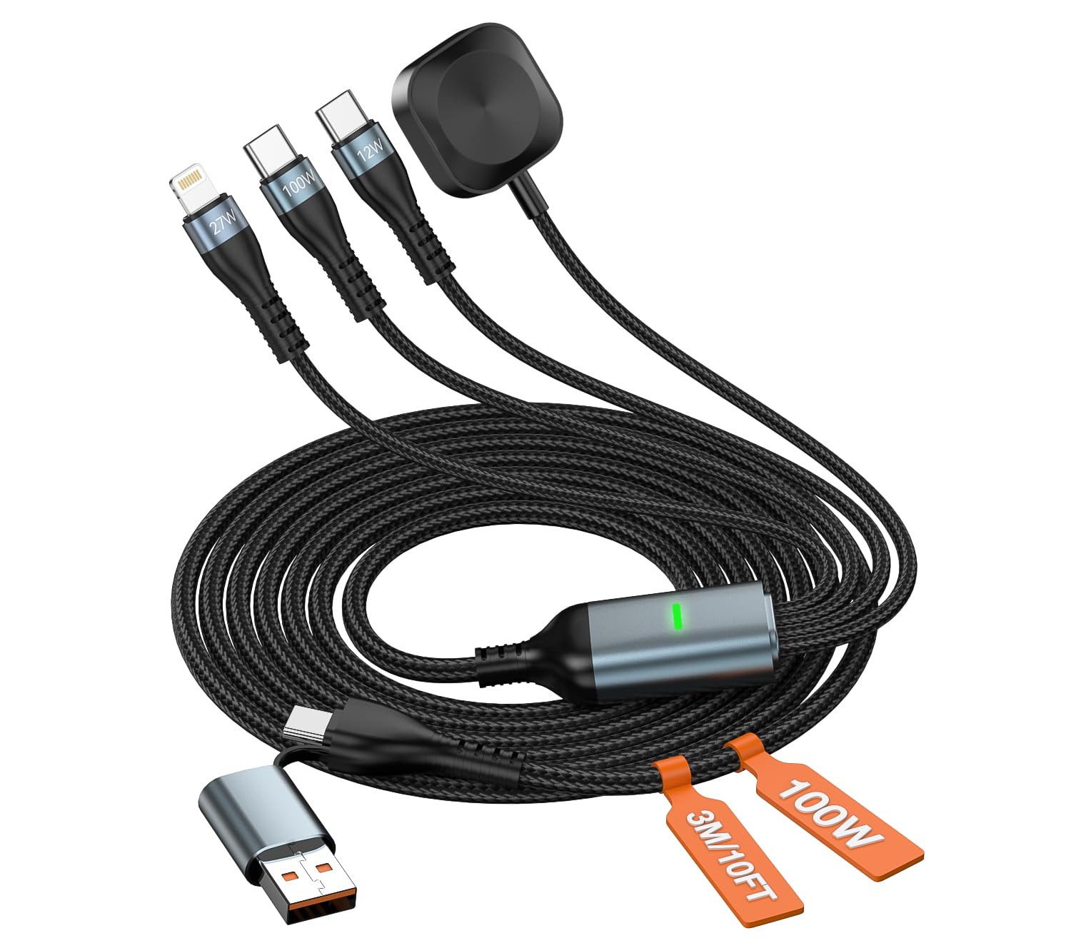 Kabel wielokrotnego ładowania 100 W, szybka ładowarka 4 w 2 do Apple Watch z 4 portami (Lightning/Dual USB-C/iWatch Charger), kabel do ładowania 3 m długości do iPhone'a, iPada, tabletu, Apple