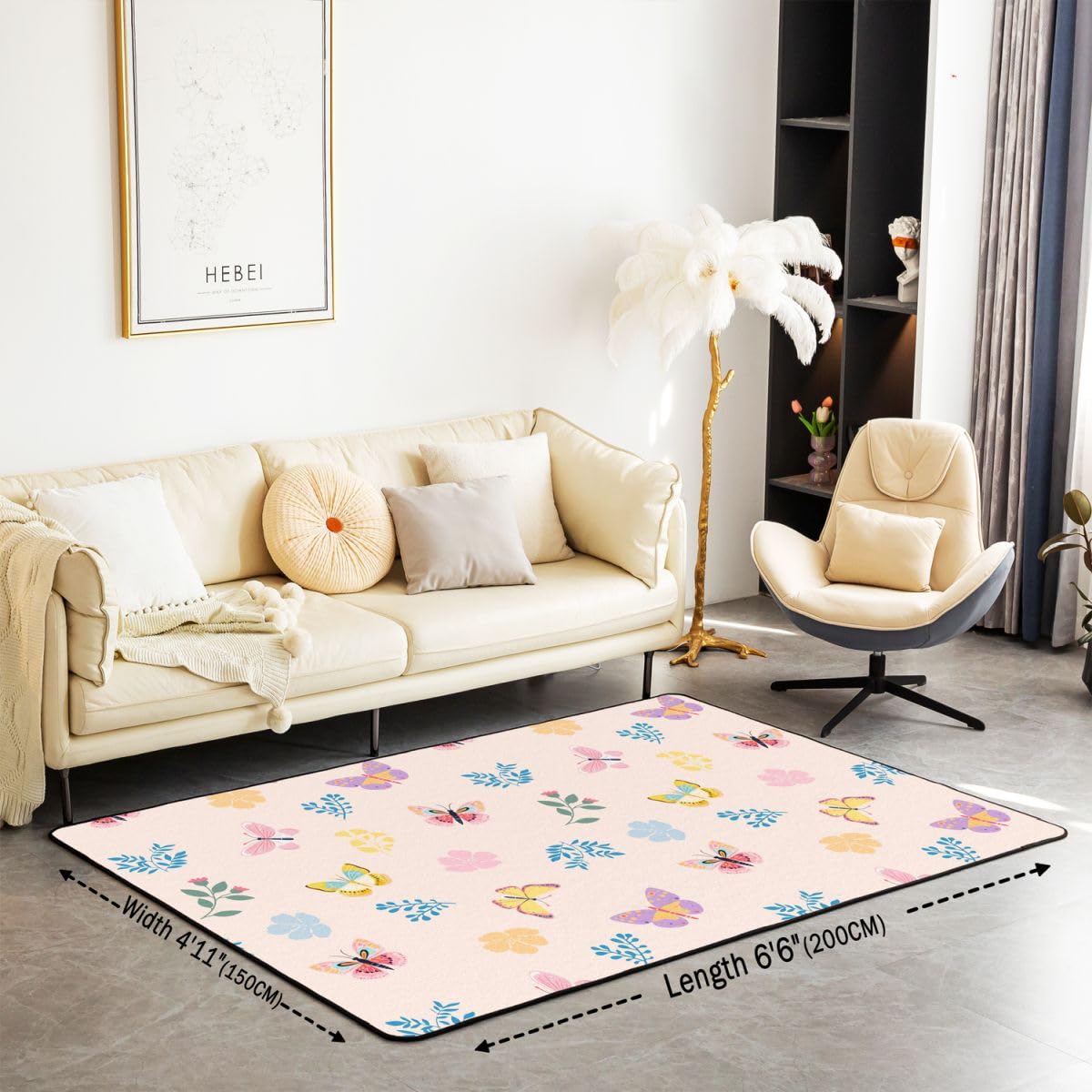 Homewish grazioso tappeto a farfalla 150 x 200 cm per camera da letto - tappeti floreali primaverili soggiorno fiori botanici non spargimento tappeto rosa decorazioni farfalla grande tappeto