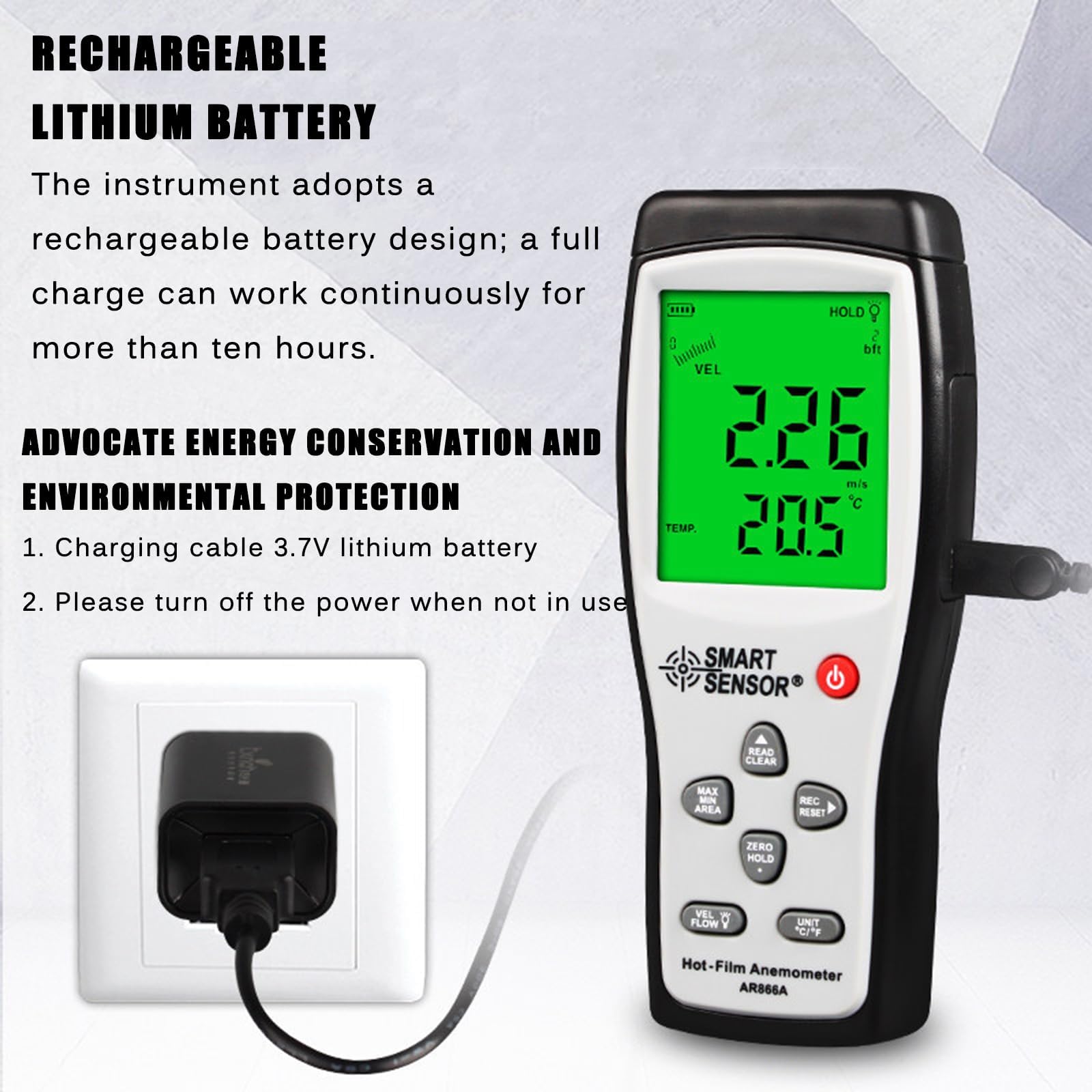 Anemómetro digital de mano, medidor de velocidad del flujo de aire, medidores de velocidad del viento, pantalla LCD grande, velocidad del viento 0~30 m/s, para campanas de flujo, salas limpias, veloci