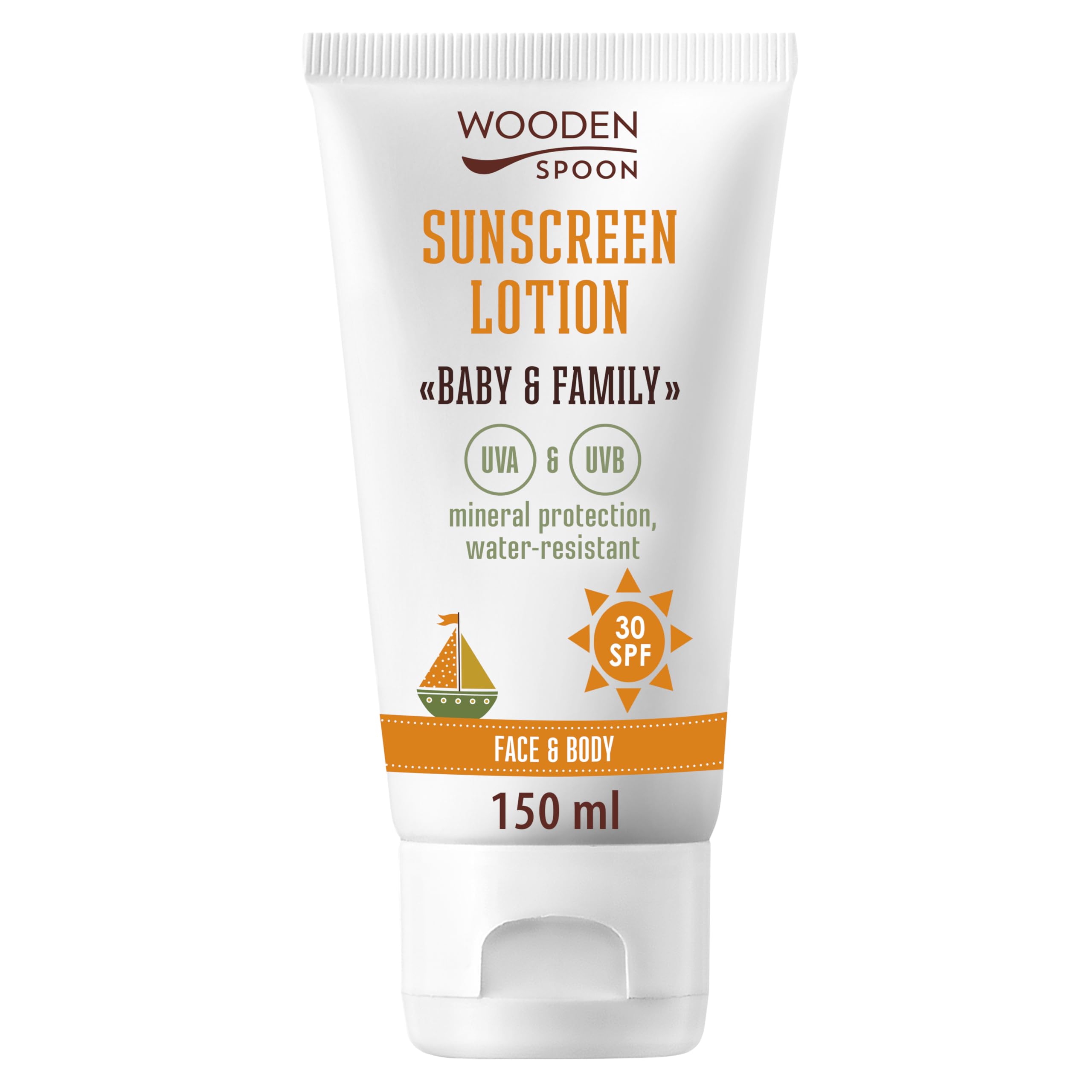 Wooden Spoon Gesichts- und Körper-Sonnenlotion SPF30 für Babys und Erwachsene 150 ml Unsichtbares Zink