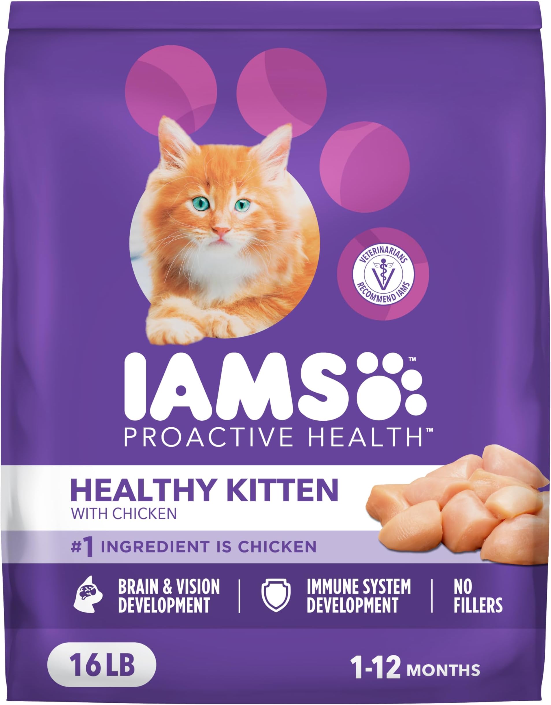 IAMS Proactive Health Kitten Dry Cat Food, Healthy Kitten Food Dry Recipe with Real Chicken in Every Bite, 16 Lb. Bag