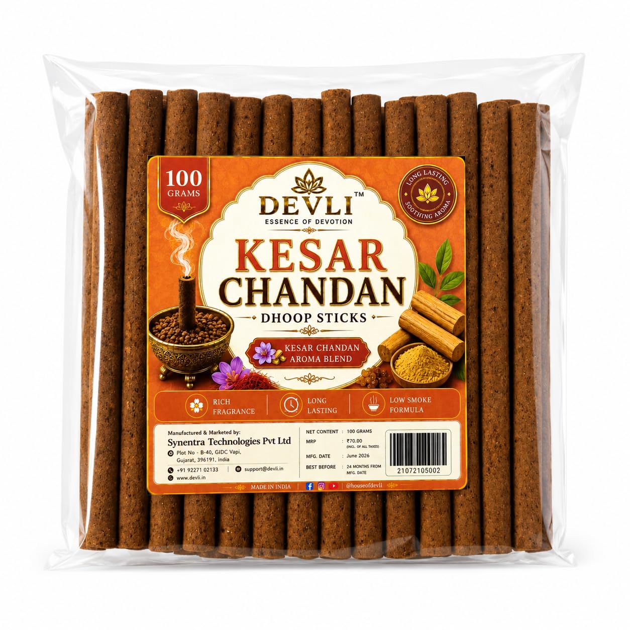 DEVLI Kesar Chandan Dhoop Sticks | Premium Kesar Chandan Aroma Blend | Long Lasting Fragrance | Low Smoke Formula | Pooja, Meditation & Home Fragrance | 100 g-image-35