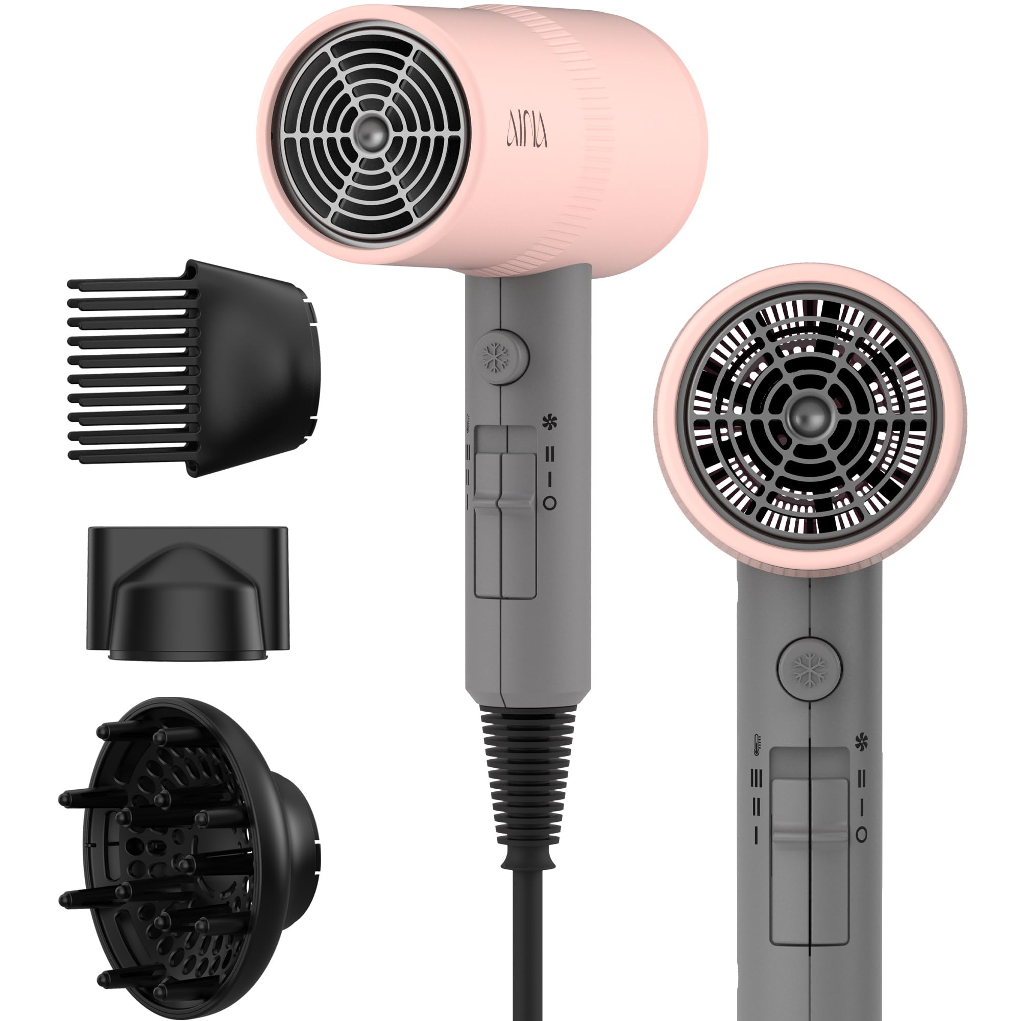 AINA Diffuser Hair Dryer,Comb Full-Featured Blow Dryer 110V(Misty Blush)