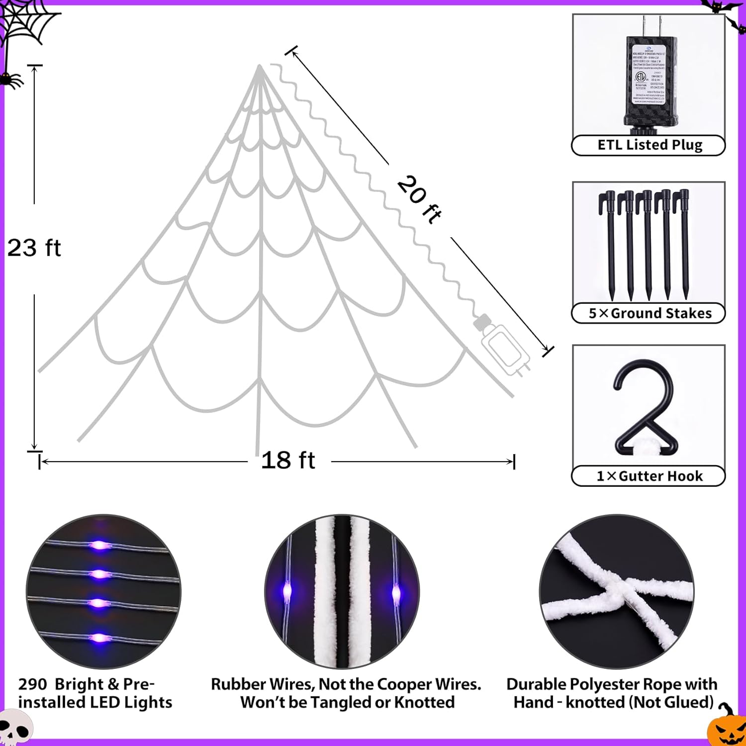 Halloween Spider Web Lights 290 LED Lighted Spider Web Giant 23 Ft Halloween Decorations Light up with 8 Lighting Modes Waterproof & Timer for Outdoor Indoor Yard Haunted House Decor, Purple