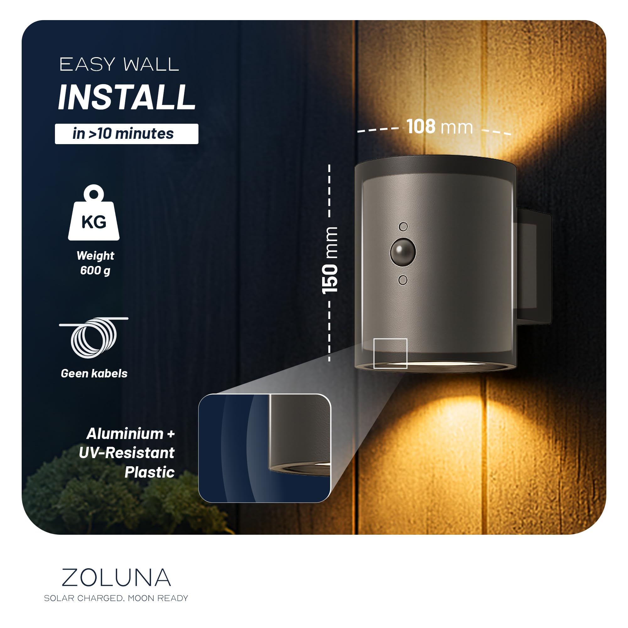 ZOLUNA Willem Solarlampen Für Außen Mit Bewegungsmelder, 3000K, IP54 Wasserdicht, LED Solarleuchten Für Aussen, Solarlampen Für Außen Wand, Solar Wandleuchte Aussen, Ø10,8xH15cm, Rund