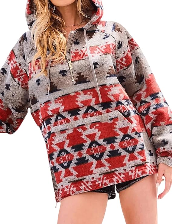 BZSFW Women Aztec Print Pattern Western Ethnic Half Zip Long