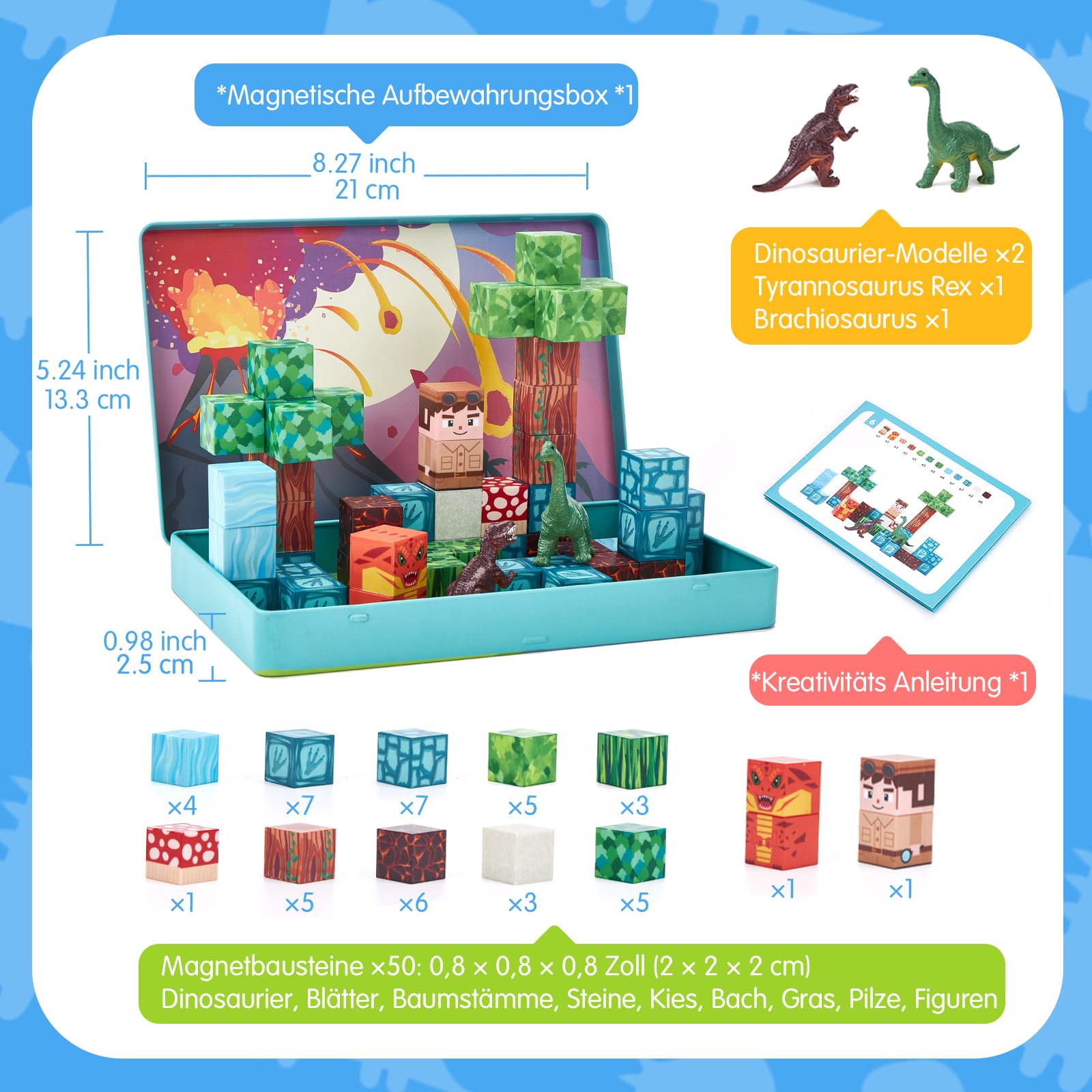 hahaland Mini Magnetische Bausteine ab 3 Jahre, A5 Reiseset mit 48 Magnetic Building Blocks & 2 Dino-Figuren, STEM Montessori Spielzeug ab 3-5 für Auto Unterwegs, Magnetbausteine ab 3 Jahre Geschenke