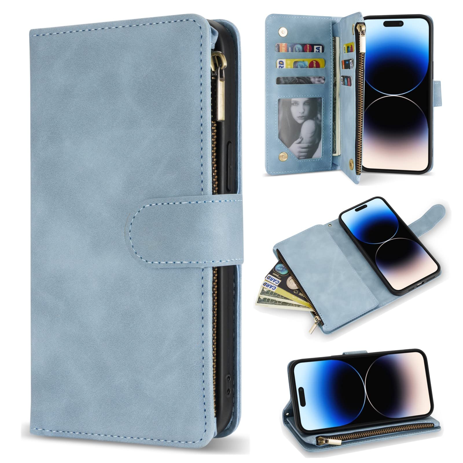 ZZXX for iPhone 14 Pro Max Case Wallet with [RFID Blocking] Card Slot PU Leather Zipper Flip Folio with Wrist Strap Kickstand Protective Cover for