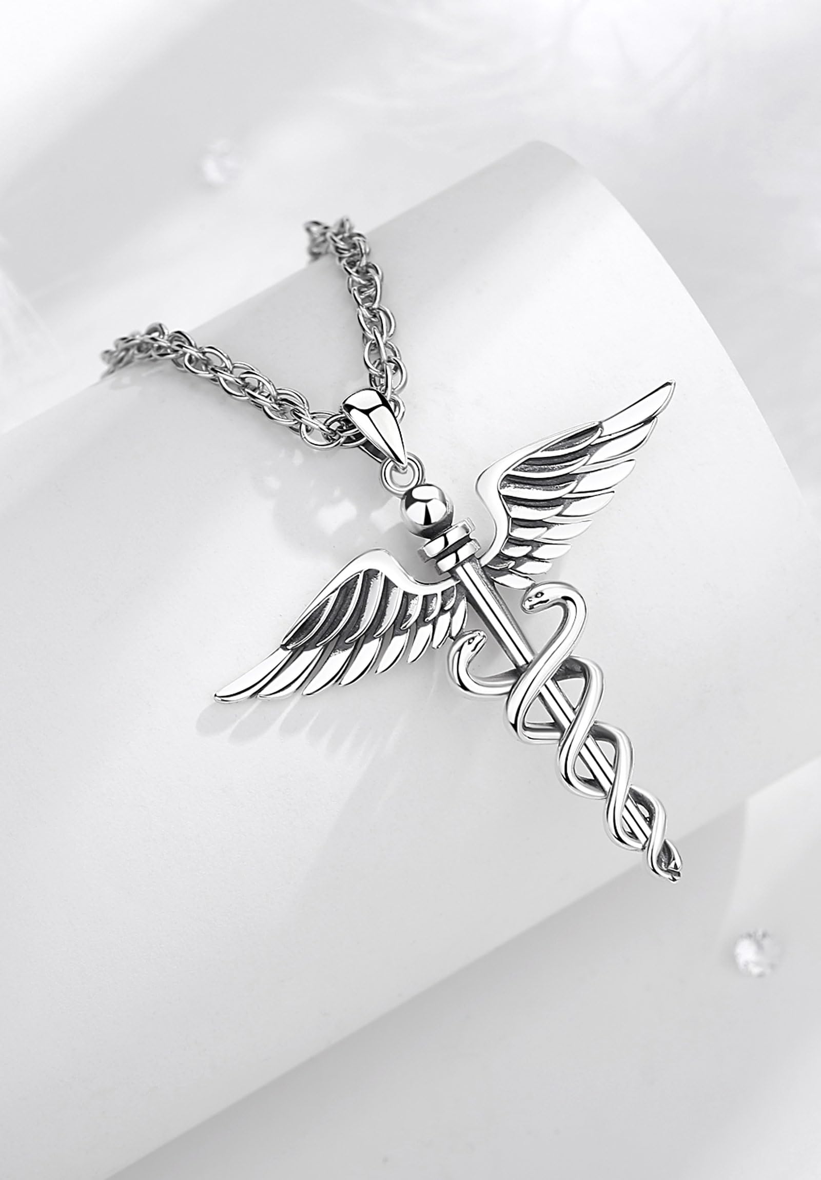 AEONSLOVE Collana Caduceo Hermès in Argento 925 Ciondolo Serpente con Ali d'Angelo Gioielli Simbolo di Medico Regali per Infermieri Dottore Donna Uomo