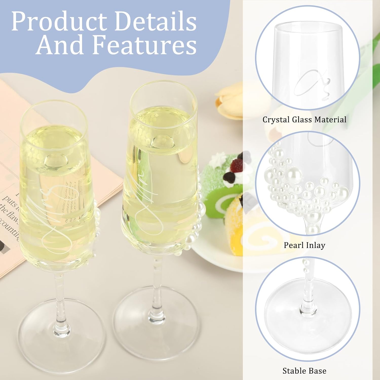 8 PCS Wedding Cake Knife and Champagne Flutes Server Set, Mr and Mrs Champagne Flutes with 2 Forks and 2 Spoons,Bride and Groom Champagne Glasses for Wedding, Engaggement and Bridal Shower Gifts - Image 4