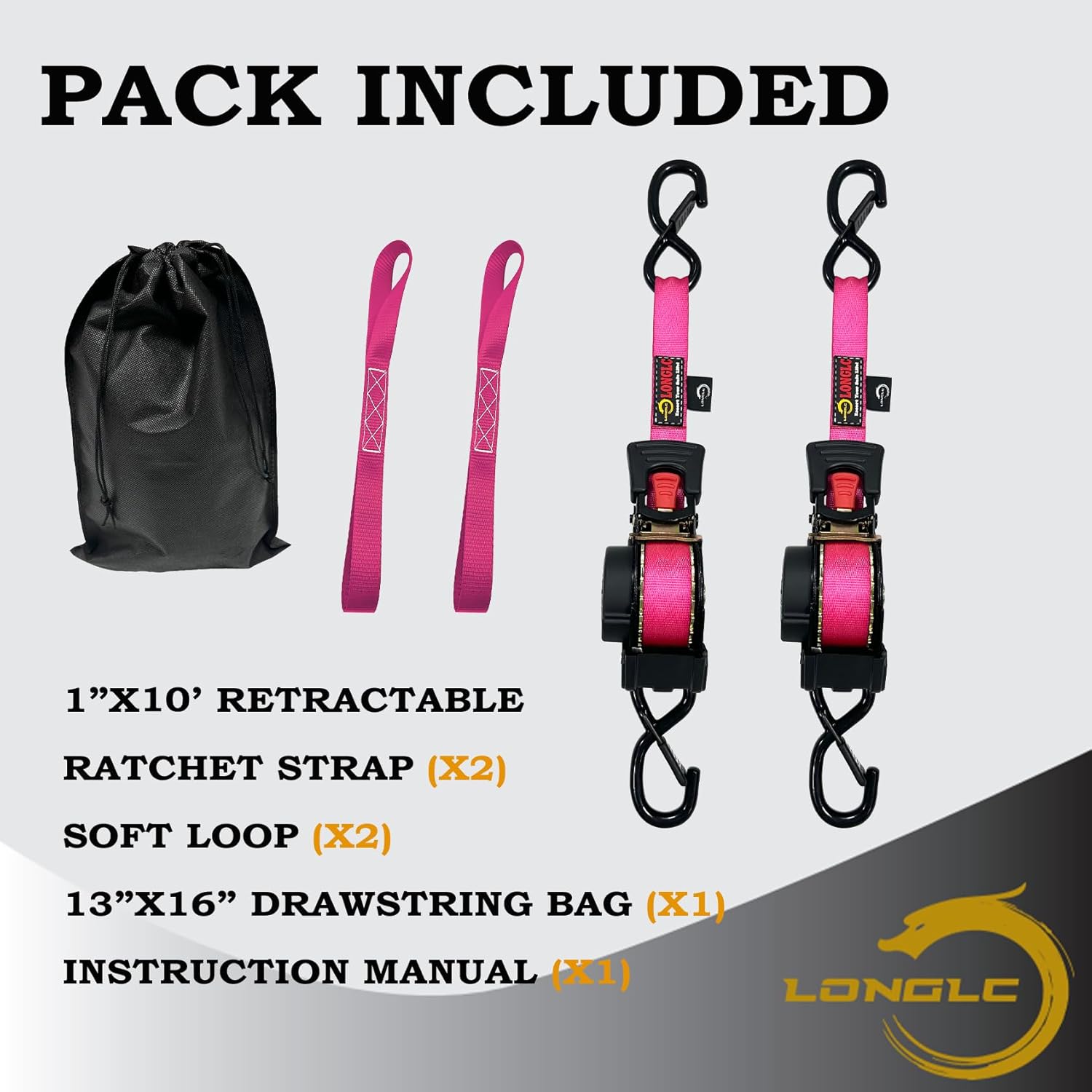 4-Pack Retractable Ratchet Straps Pink Heavy Duty - 1 Inch X 10Feet with Soft Loops, 2,000lbs Breaking Strength - Best for Trucks, Cargo Trailer, Motorcycle, Tie Down Straps Ratchet