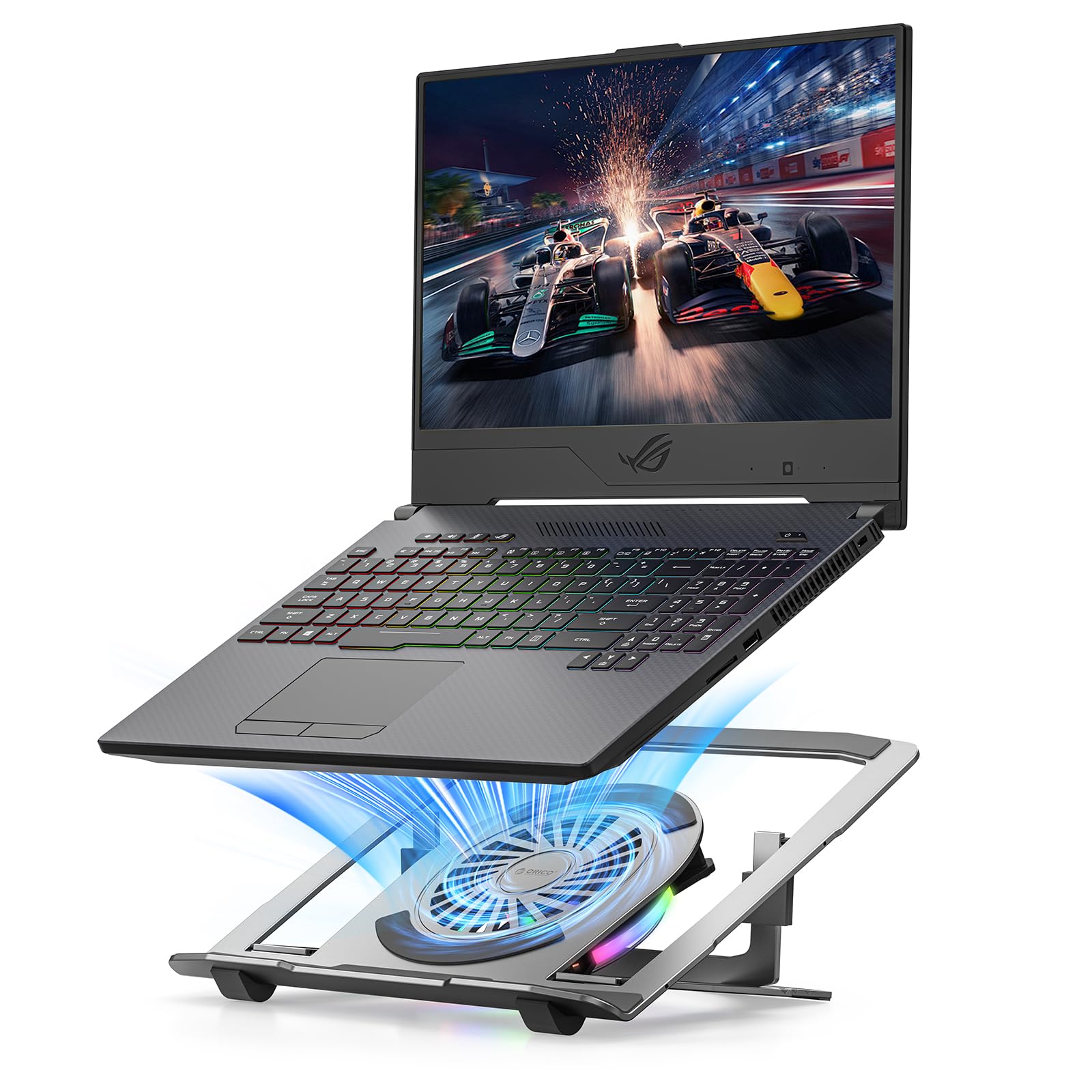 ORICO Laptop Ständer aus Aluminium mit USB-Lüfter, Ergonomisch, Höhenverstellbar und Klappbar für Laptops bis 17 Zoll, RGB – NSF1, Silber