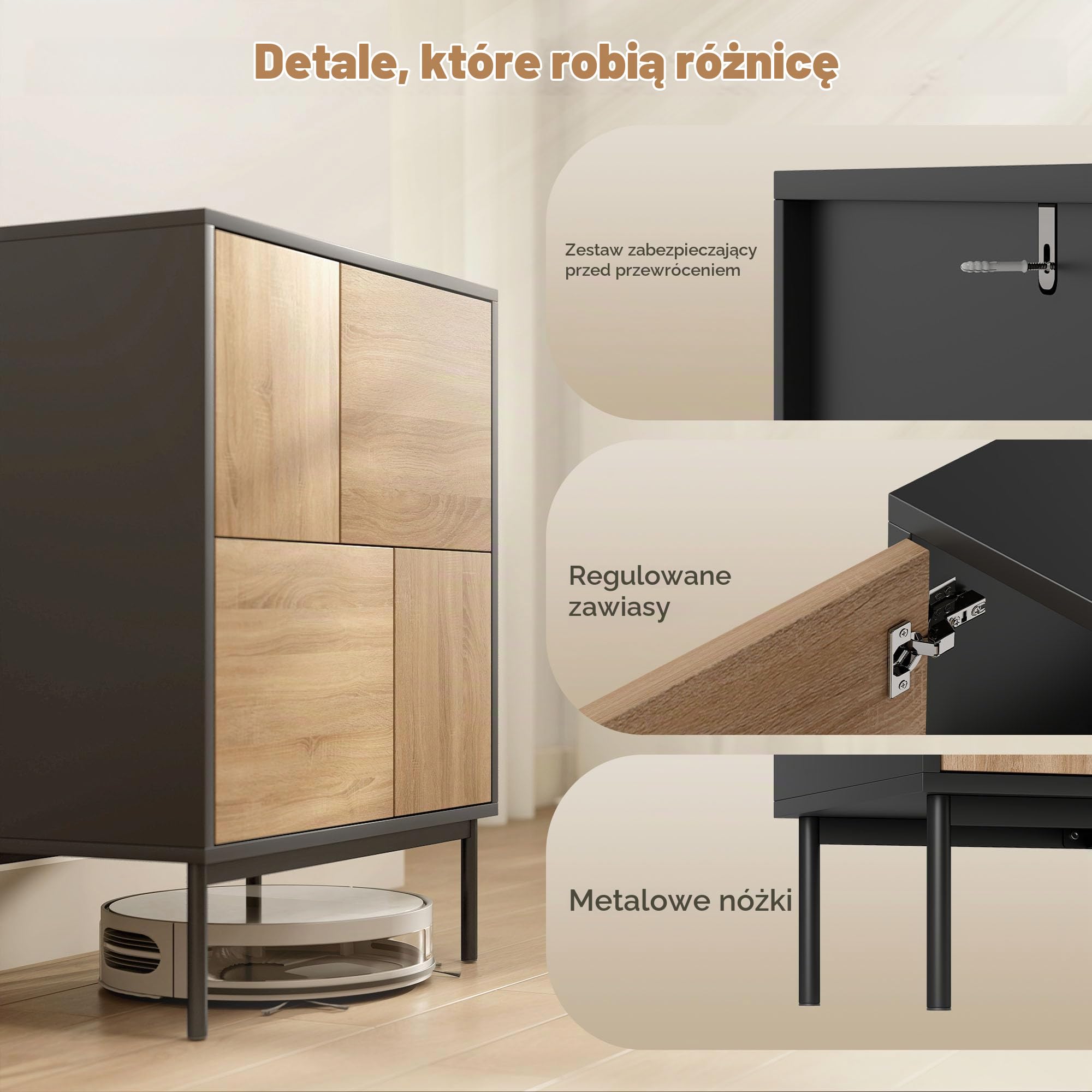 HOMCOM Sideboard z drzwiami PTO 60x35x75cm Czarny+Naturalne drewno