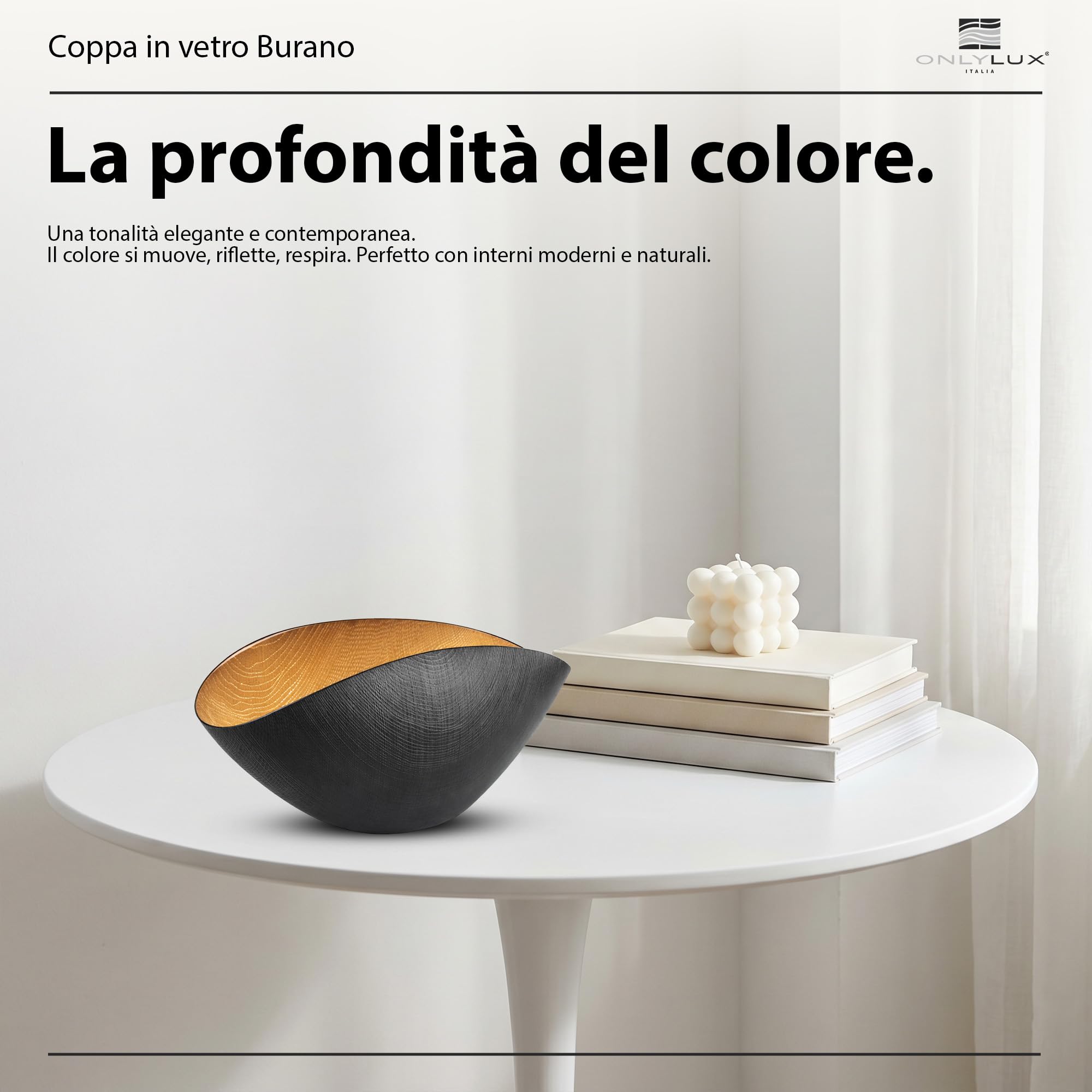Onlylux Coppa Burano in Vetro Centrifugato Decorato a Mano - Centrotavola Decorativo 28 x 9,5 cm - Coppa in Vetro Artigianale per Arredo Casa - Nero Mat Oro