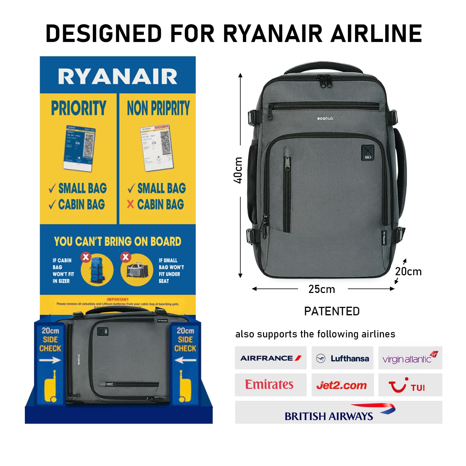 ECOHUB Zaino Ryanair 40x20x25 Bagaglio a Mano 40x20x25 Ryanair Zaino da Viaggio Valigia Bagaglio a Mano Borsa da Viaggio Borsa tote ecologica in PET riciclato da 20 litri,Brevettato(Grigio)