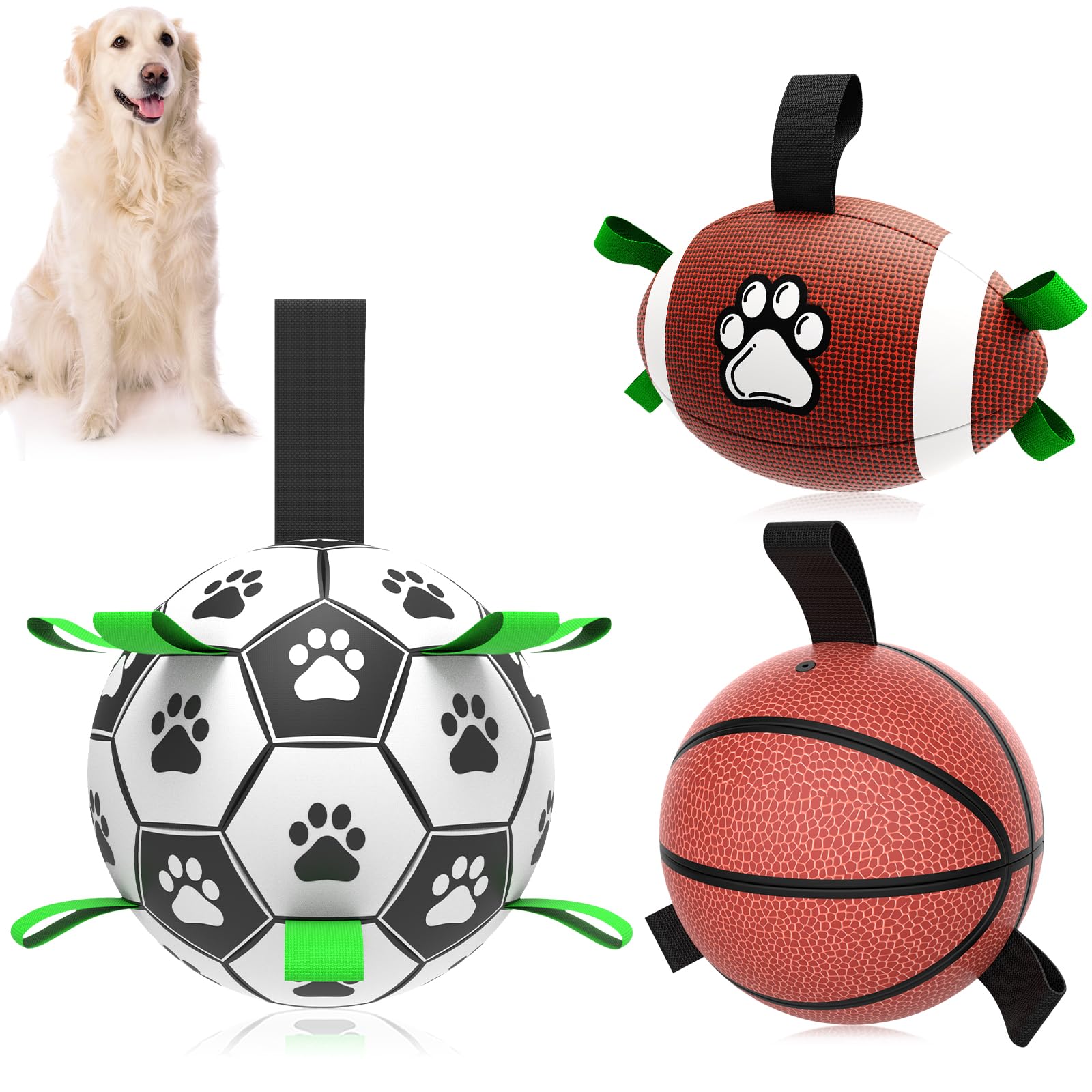 QDAN Dog Soccer Ball Football Basketball Set - 3 PCS Dog Balls with Strap for Tug of War, Soccer Ball Football Toys for Small Medium Large Dogs,