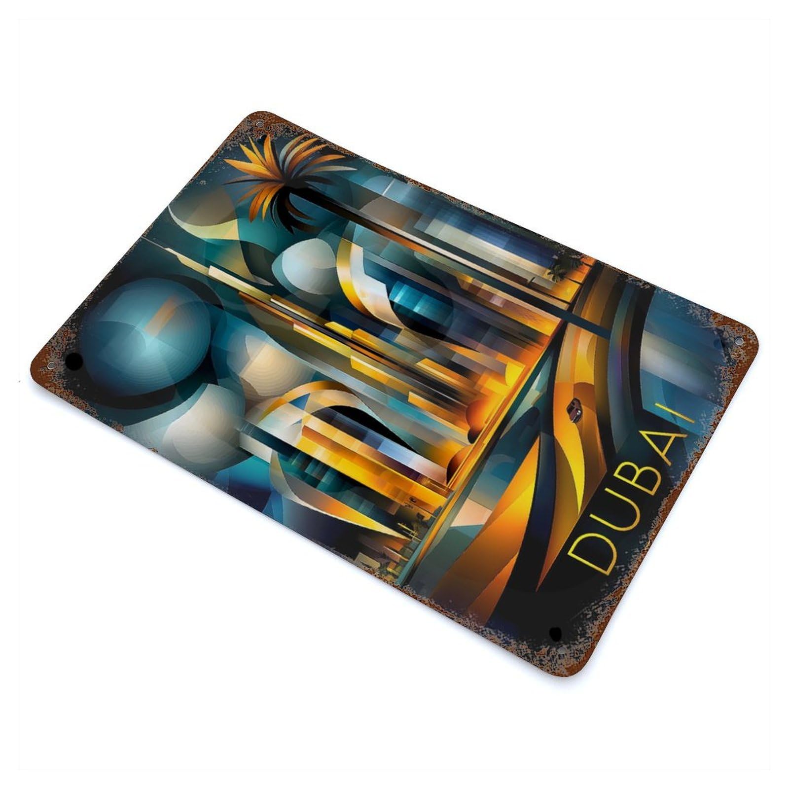 Dubai Futuristic Cubism – Modern Geometric Skyline 11.8"x7.9" Rust Effect Tin Sign, Industrial Home Decor for Living Room, Hallway And Home Decor
