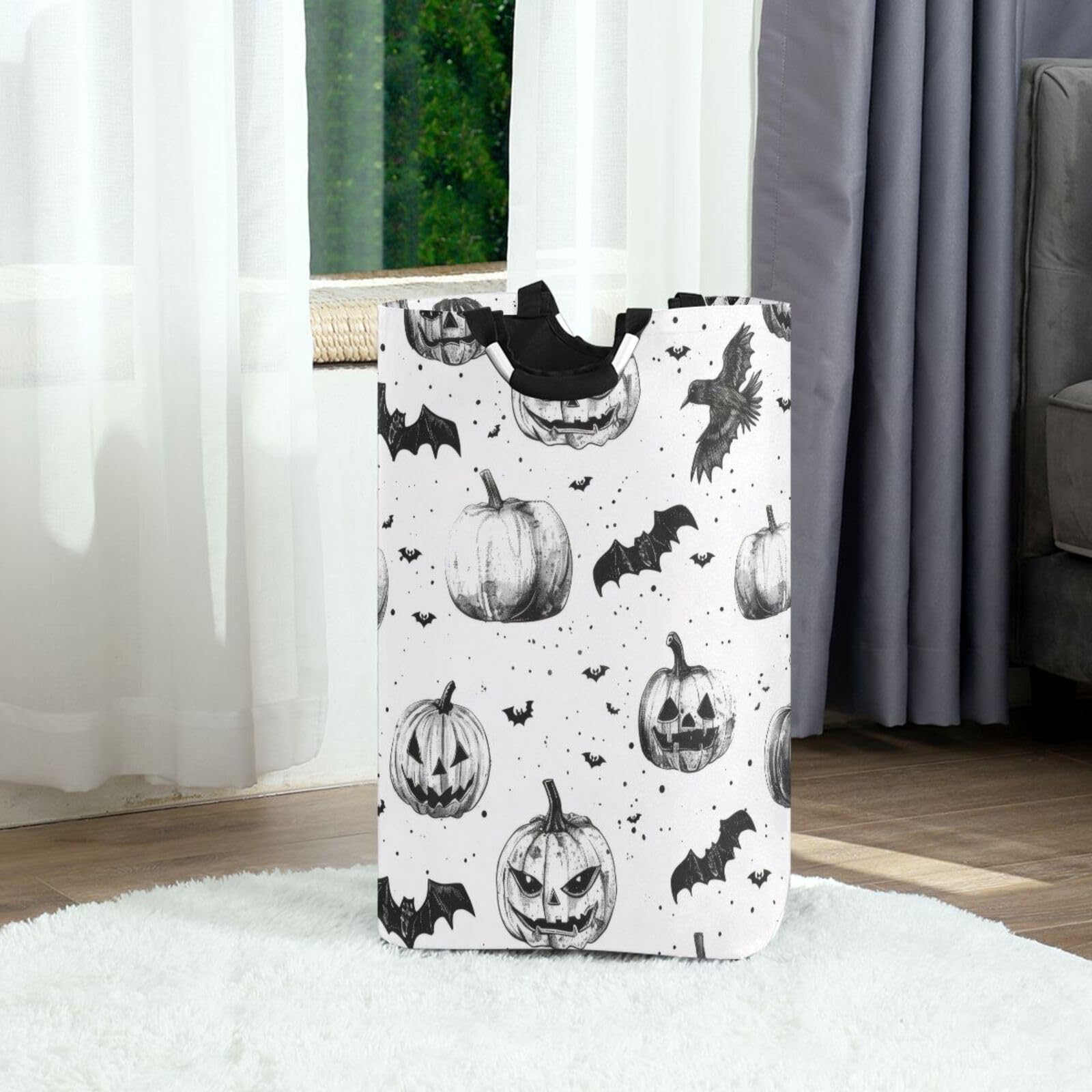 Jihqo Laundry Hamper Basket Halloween Pumpkins and Bats Collapsible Nursery Storage Bin Waterproof Clothing Baskets for Home Bedroom Bathroom Washing Room