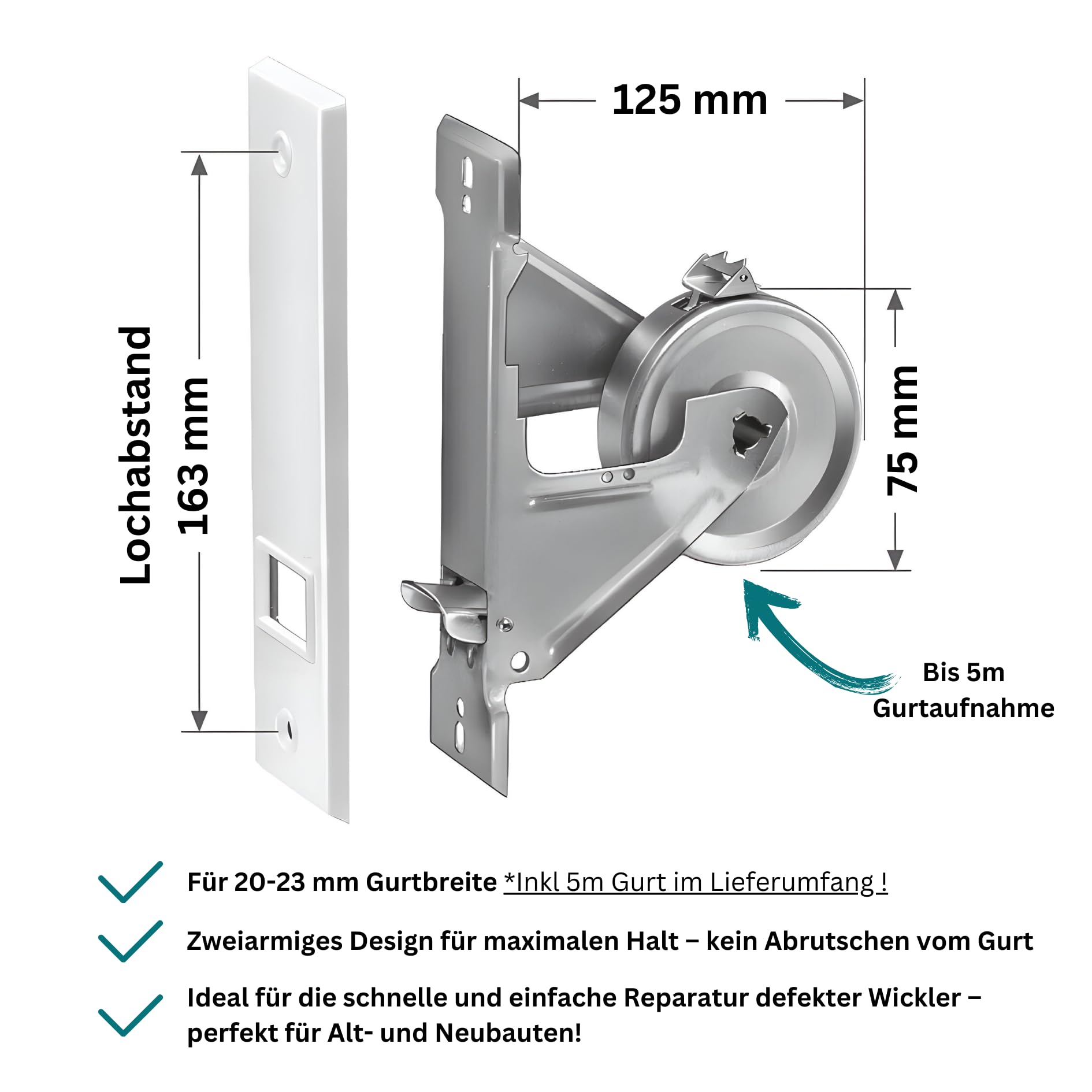 Inlet Belt Winder Belt Roller Blind Roller Blind Winder Flush-Mounted with Cover (Hole Spacing 162 mm), White, Lochabstand 162 mm - Image 2