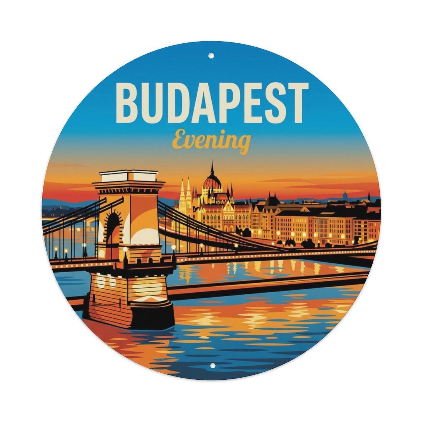 Vintage Travel Budapest Hungary Evening Vintage Metal Tin Sign Plaque Wall Decor for Cafe, Club Bar, Office, Garden Metal Poster 8x8Inch