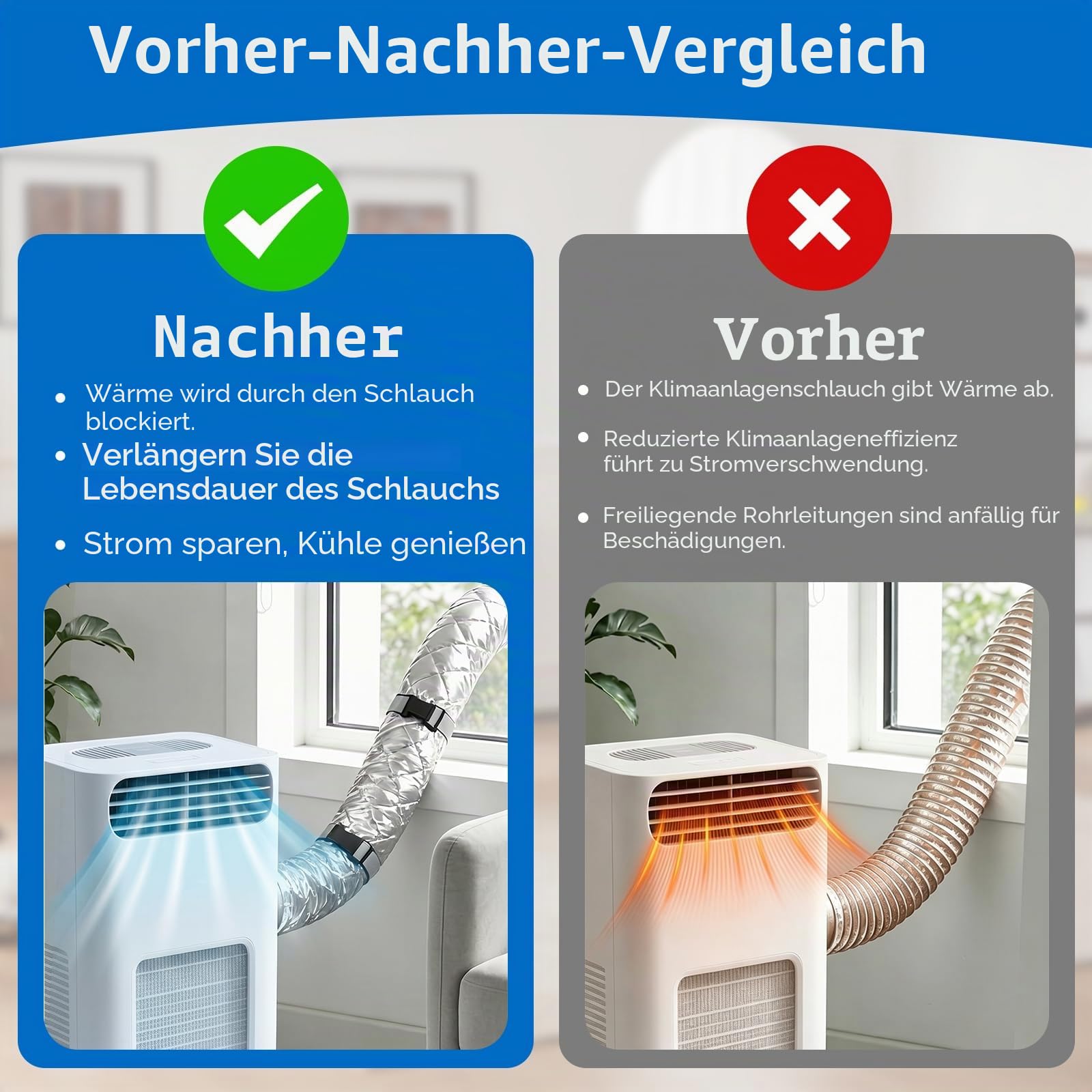2 Stück 150x58CM Klimaanlage Abluftschlauch Isolierung für Ø15CM Abluftschläuche, Gesteppte Klimaschlauch Abdeckung für Mobile Klimageräte mit Klettverschluss und Verstellbaren Gurten(Silber, 2 Set)