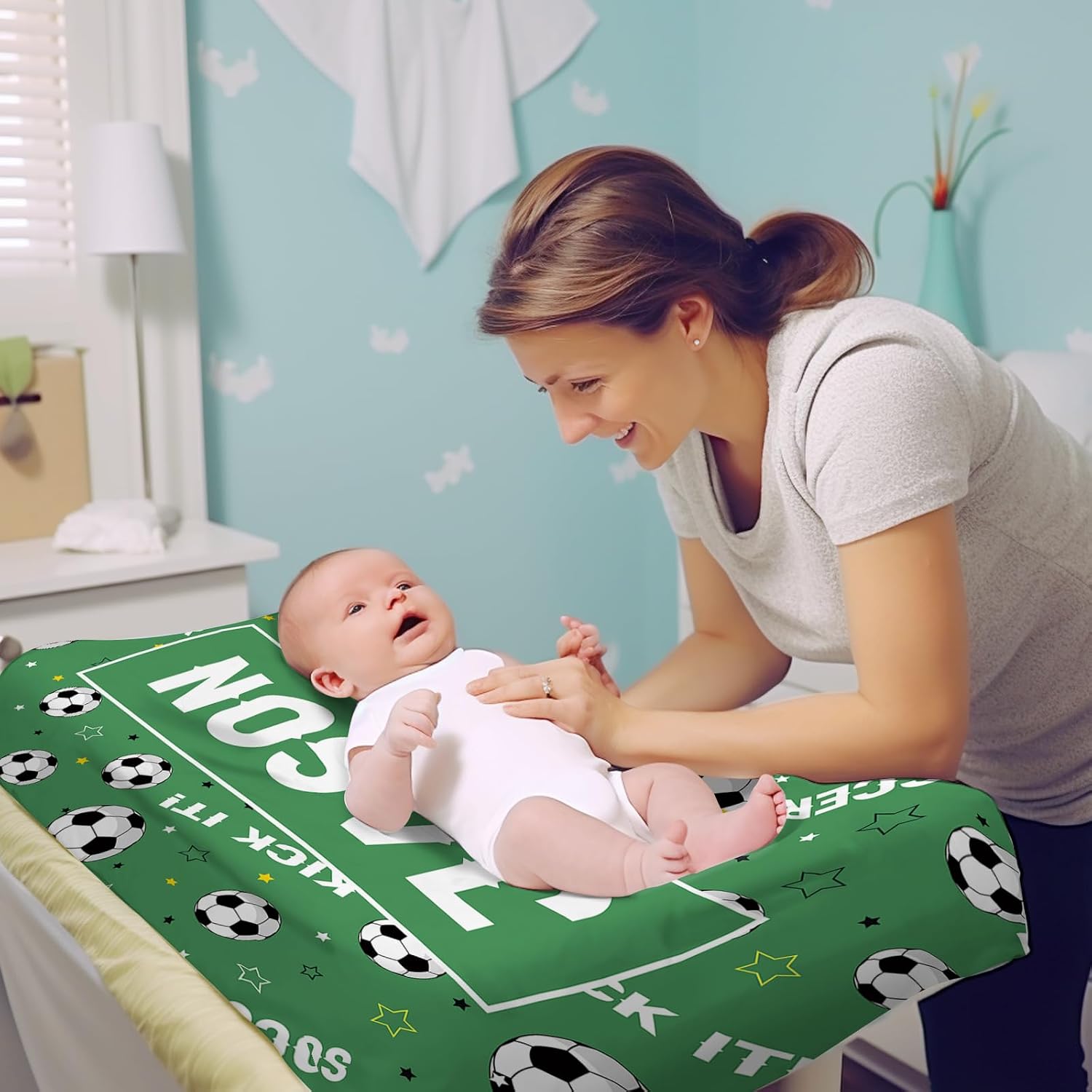 Custom Green Changing Pad Covers - Cartoon Designs with Personalized Name - 2 Pack Jersey Knit Ultra Soft Diaper Changing Table Cover Set for Baby Boys Gift Soccer