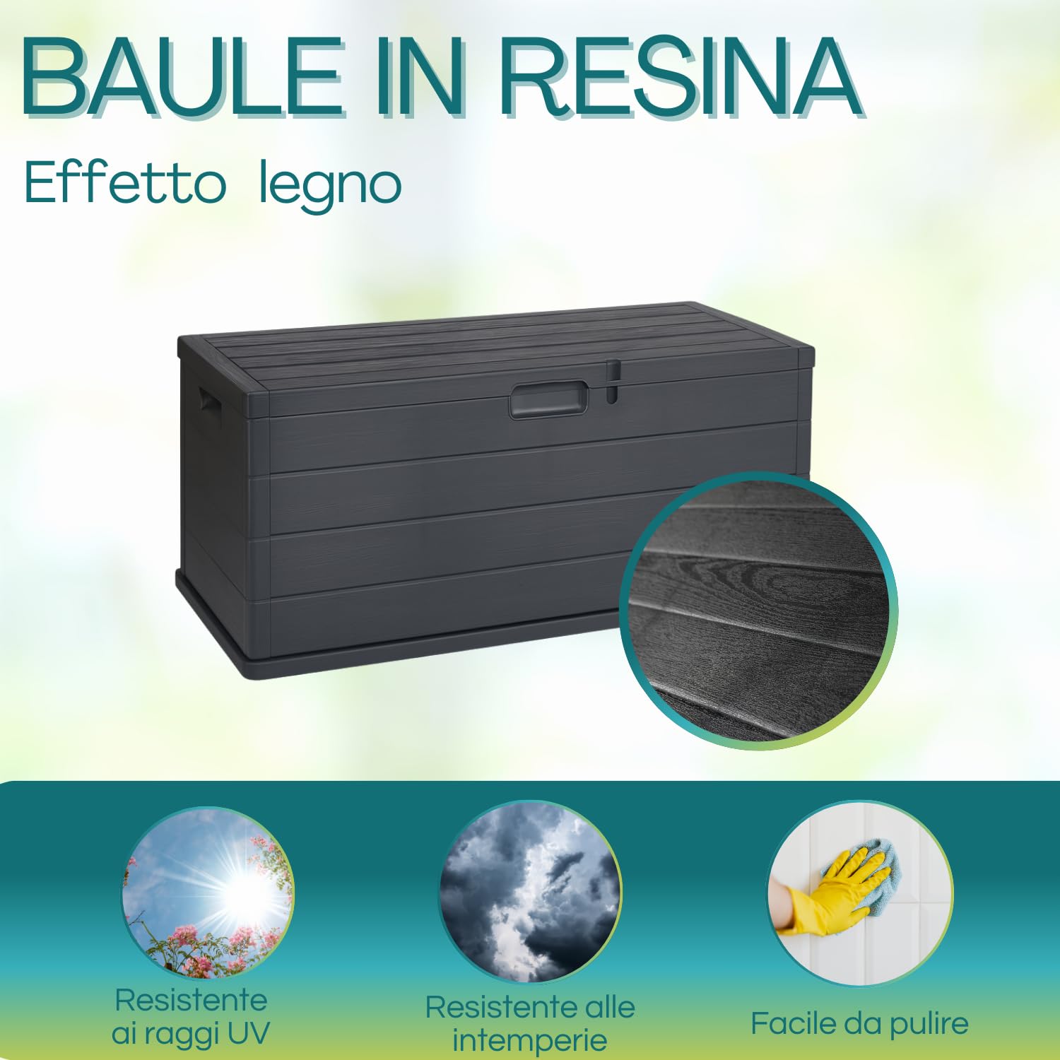 VIRSUS Baule da Giardino con Ruote, misura 118x59x57 cm, Cassapanca Effetto Legno Antracite, Impermeabile, Chiusura Lucchettabile, Contenitore da Esterno, Capacità 340 Litri -ALP001F