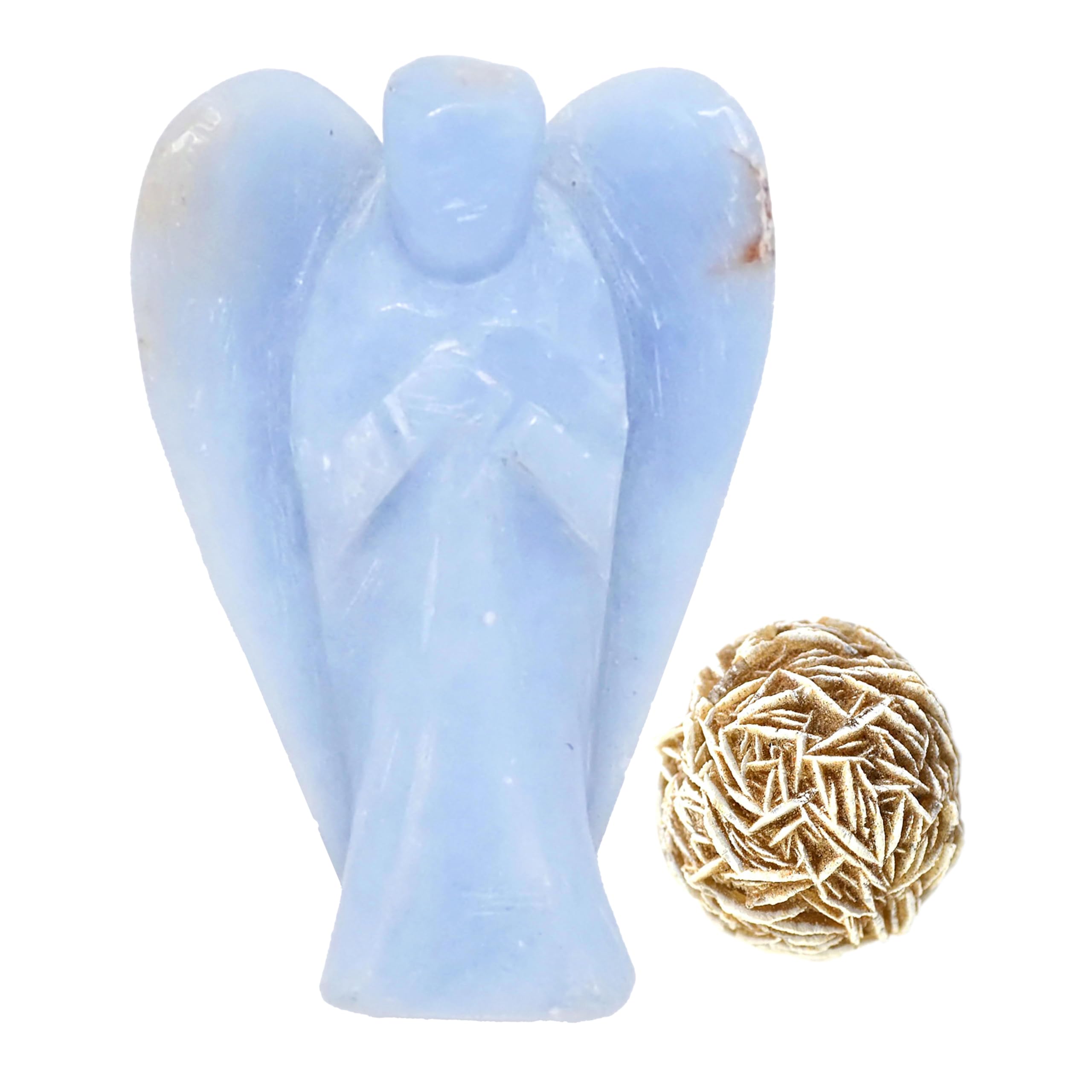 EDZZEL Angelite Crystal Pocket Guardian Angel Figurine Hand Carved Gemstone Statue - 2 inche With Rose Desert Selenite (1Pcs)