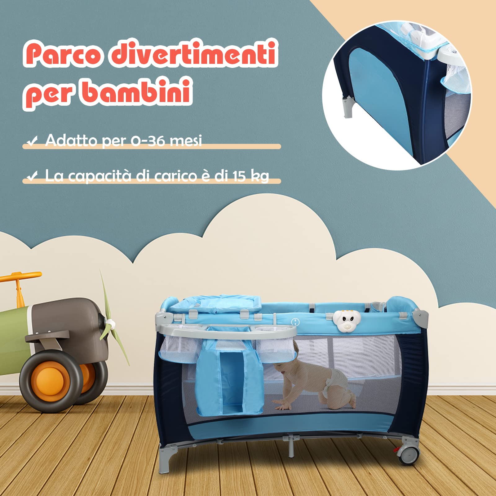 RELAX4LIFE Cuna de Viaje Bebé Plegable con Caja Musical, Mosquitera, Azul