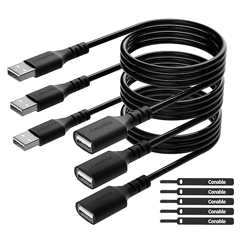 3 Pack USB Extension Cable 6 FT, USB 2.0 Type A Male to Female Extender Cord Adapter, Compatible with Printer, Keyboard, Mouse, Flash Drive, Hard Drive, Controller, Black Cable with 5 Cable Ties - 6FT (3 Pack)