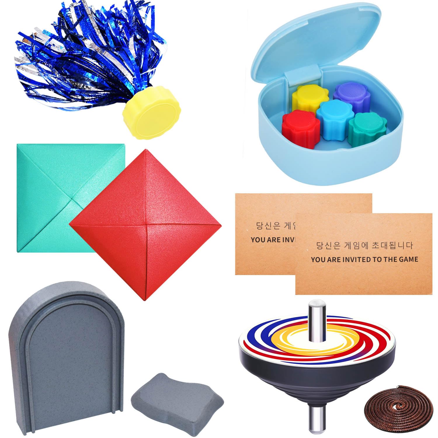 Korean Games Set Squid Toys - Weighted Gonggi Ddakji Spinning Top Flying Stones Jegi - Authentic Traditional Folk Toy Gift