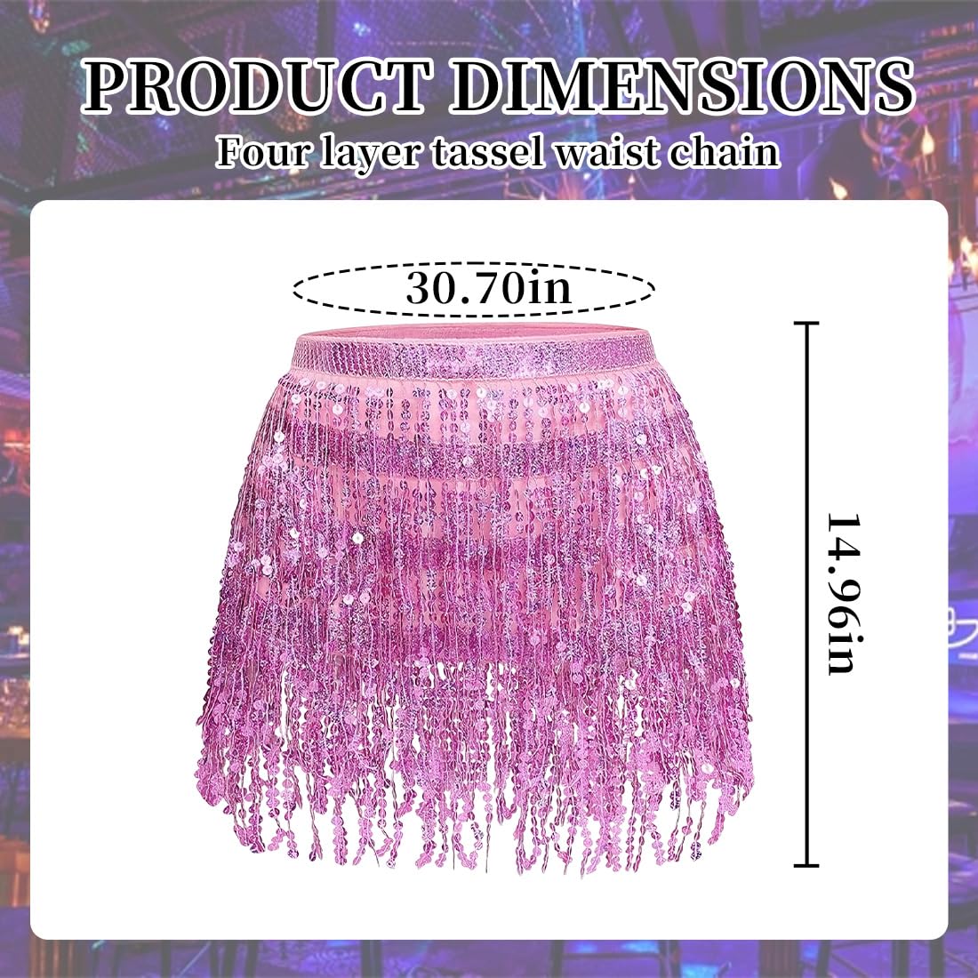 Falda de lentejuelas con borlas para danza del vientre, 4 capas, rosa