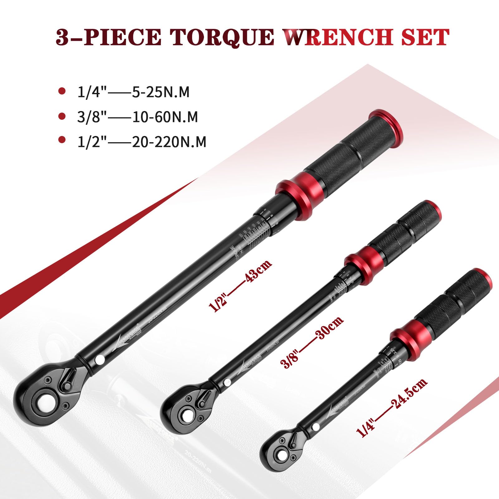 AEROFORCE Clé Dynamométrique 1/4" & 3/8" & 1/2", Clé Dynamométrique 5-25Nm, 10-60Nm, 20-220Nm, Précision ±3% avec 72 Dents Tête à Cliquet Réversible, 3 Pièces Kit D'entretien pour Vélo Moto y Auto