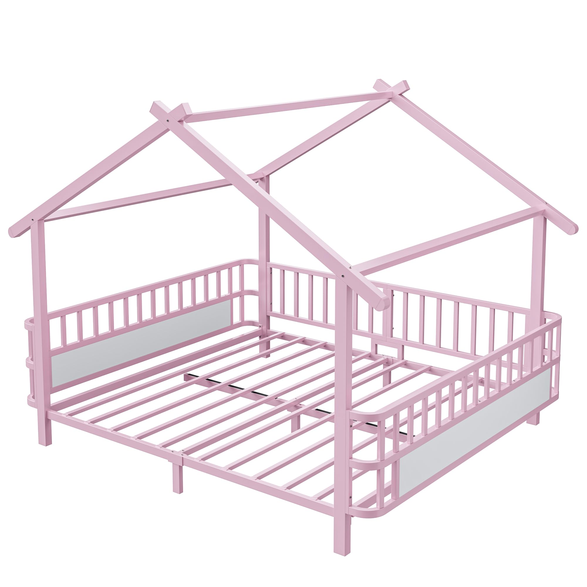 Merax Kinderbett aus Metall in Hausform 140x200 cm mit Sicherheitsgitter & Dachdesign – Rosa (Ohne Matratze)