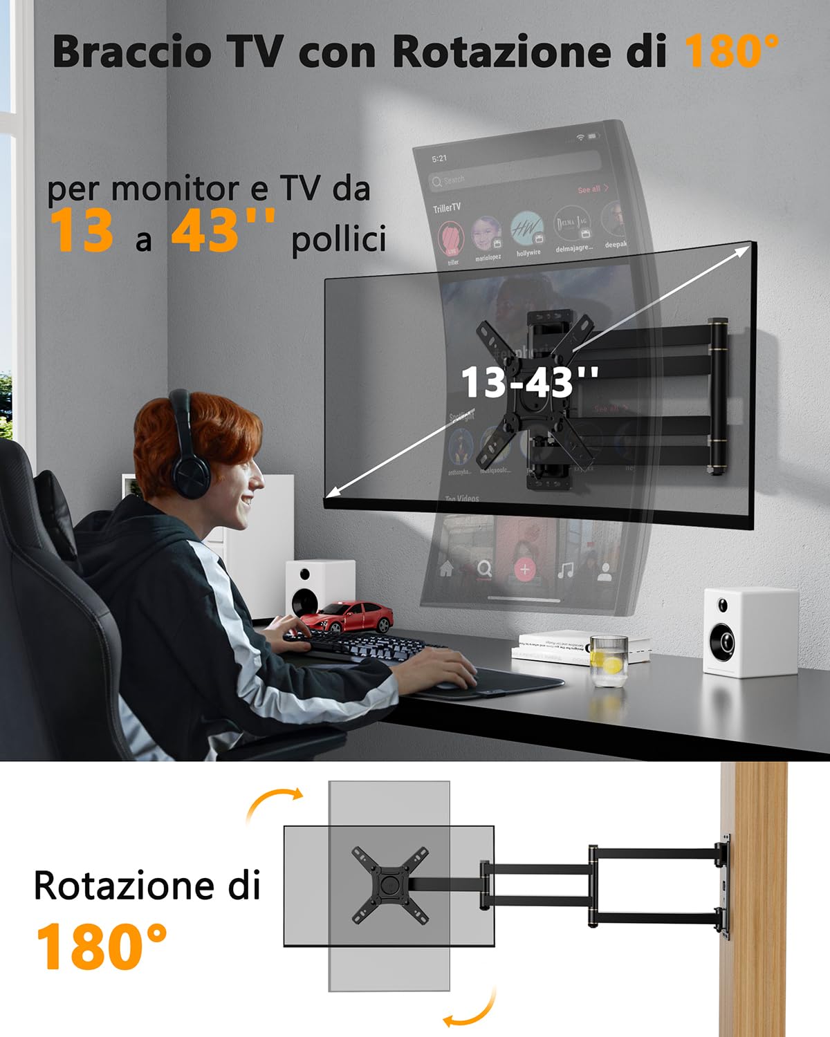 Supporto TV Parete Braccio Extra Lungo 1036mm, 180° Rotazione Supporto TV Monitor per LCD/LED da 13 a 43 Pollici, Braccio TVs Girevole Inclinazione Estensibile Fino a 25kg, VESA 200x200mm