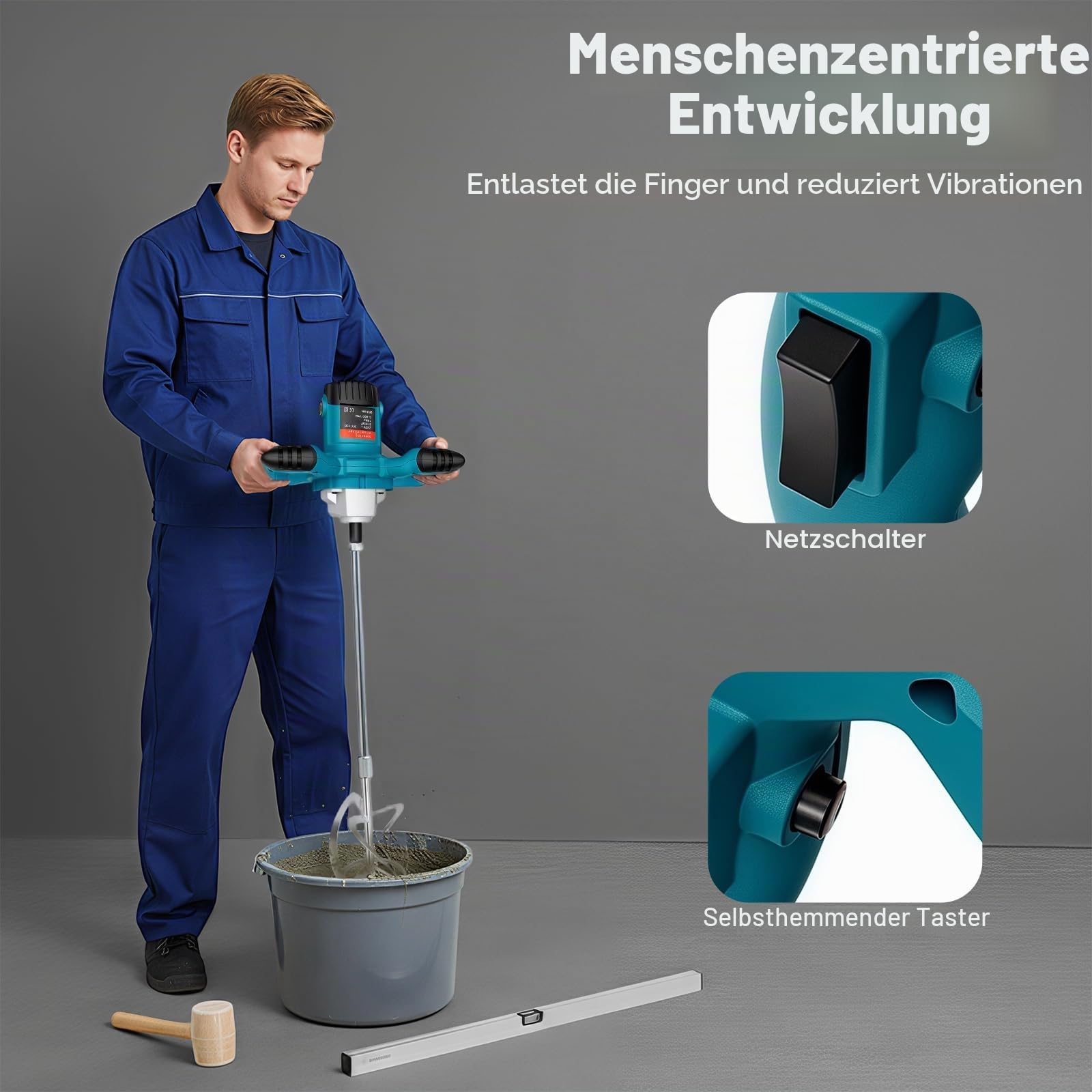 Rührwerk 2100W Rührwerk Mörtelrührer, Profi Handrührwerk mit 6-Gang Einstellbar 800rpm/min, Gewinde Betonmischer Ergonomische Griffe für Zement Farbe Kleber Kitt usw