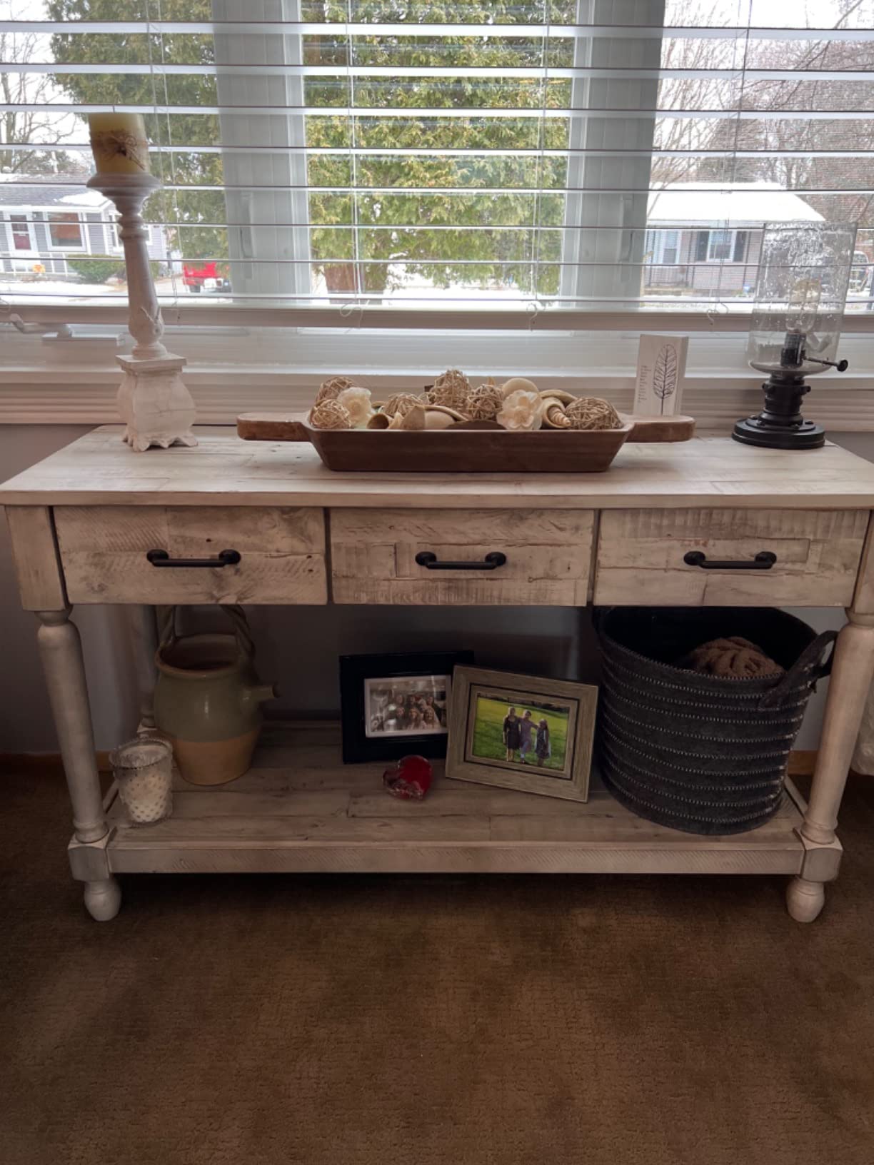 26/mo Finance Signature Design by Ashley Shawnalore Farmhouse Solid Pine Wood Sofa Console