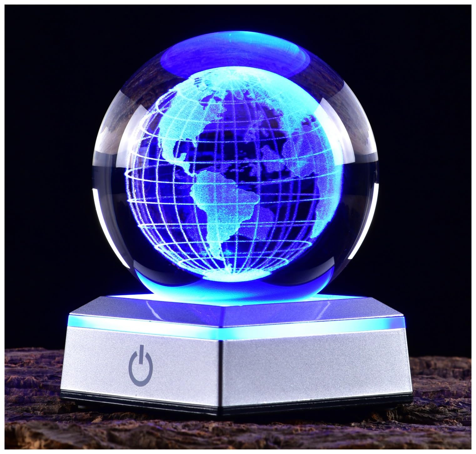 3D Crystal Ball Earth Model, with Led Stand, 3.15'' Globe World Map Planets Glass Ball Decor, Engraved Crystal Sphere with Gift Box, 6 Color Light, Romantic Gifts for Kids Friends