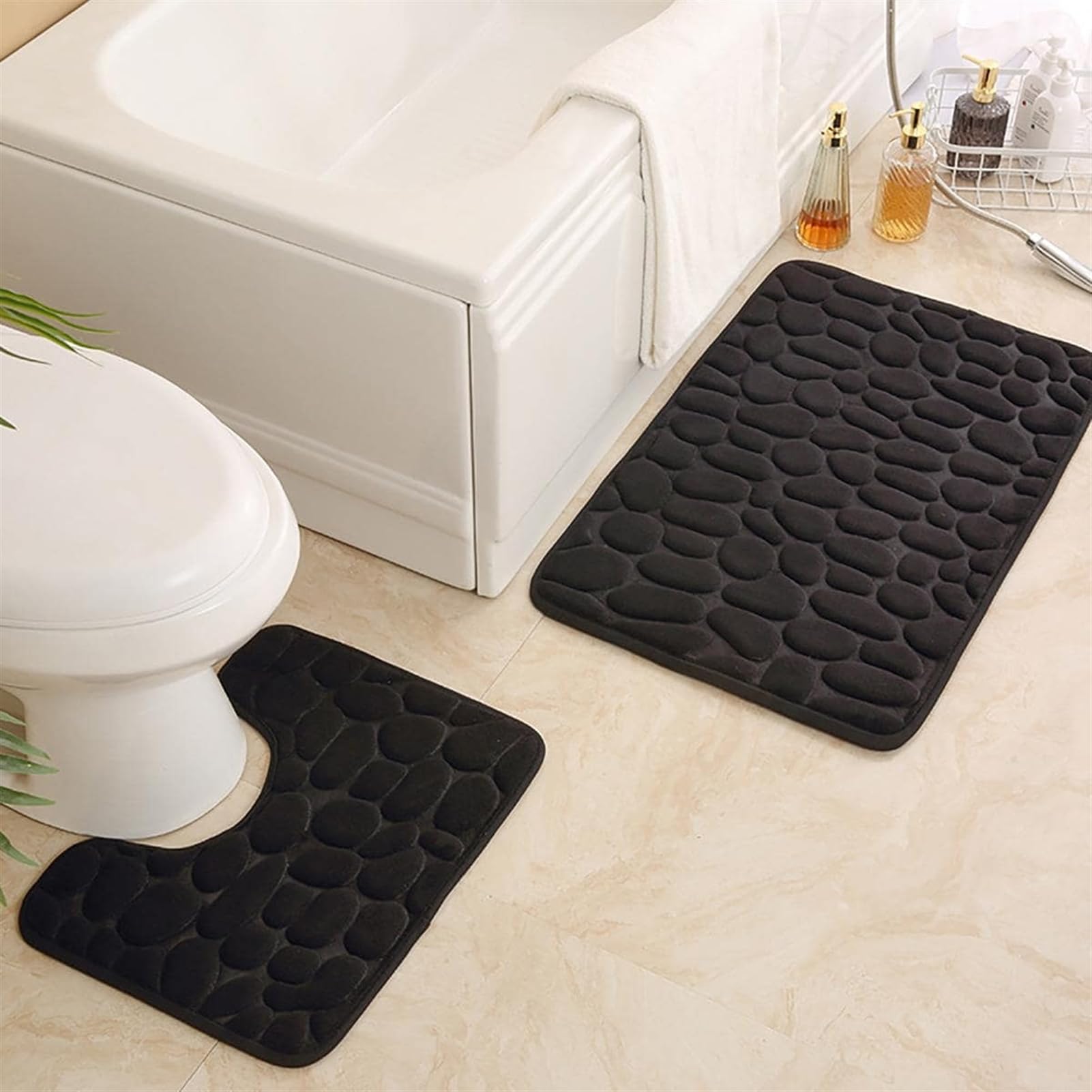 Badematte Sets 3 Stück rutschfest Waschbar Badezimmerteppich Weicher Memory Foam Badteppich Wasserabsorbierend Schwarz