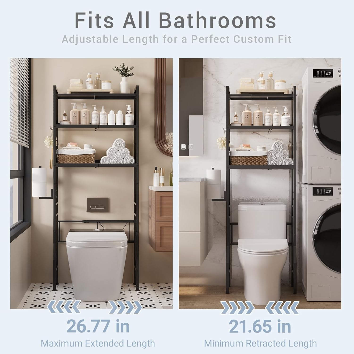 Over The Toilet Storage Shelf - 3-Tier Adjustable Black Metal Bathroom Organizer (21.6”-26.8") No Drilling Required, Space-Saving with Paper Holder & 4 Hooks for Small Spaces