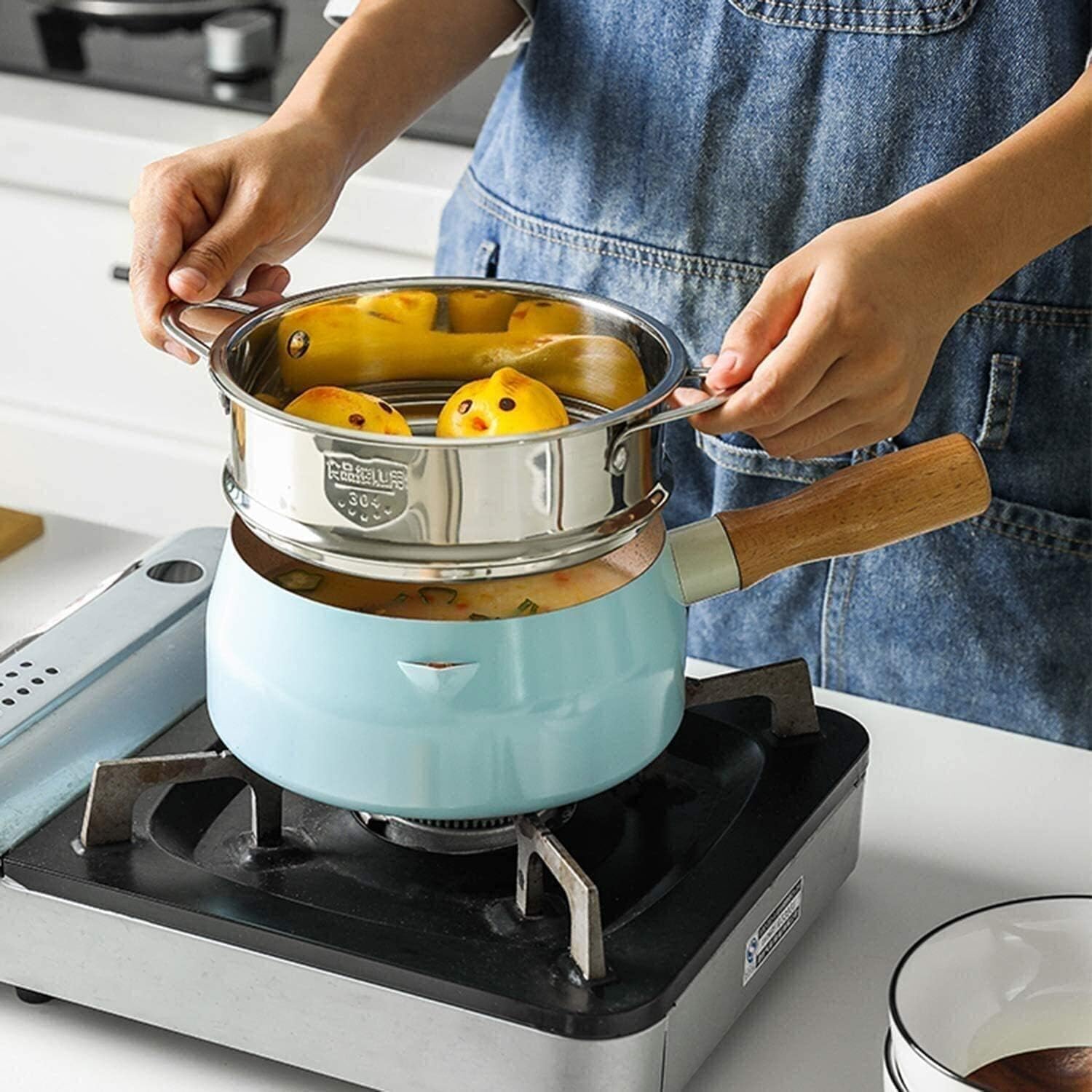 Milk Warmer Pan 1.5L Blue Small Milk Pan with Stainless Steel Steamer Maifan Stone Non-Stick Pan with Wooden Handle