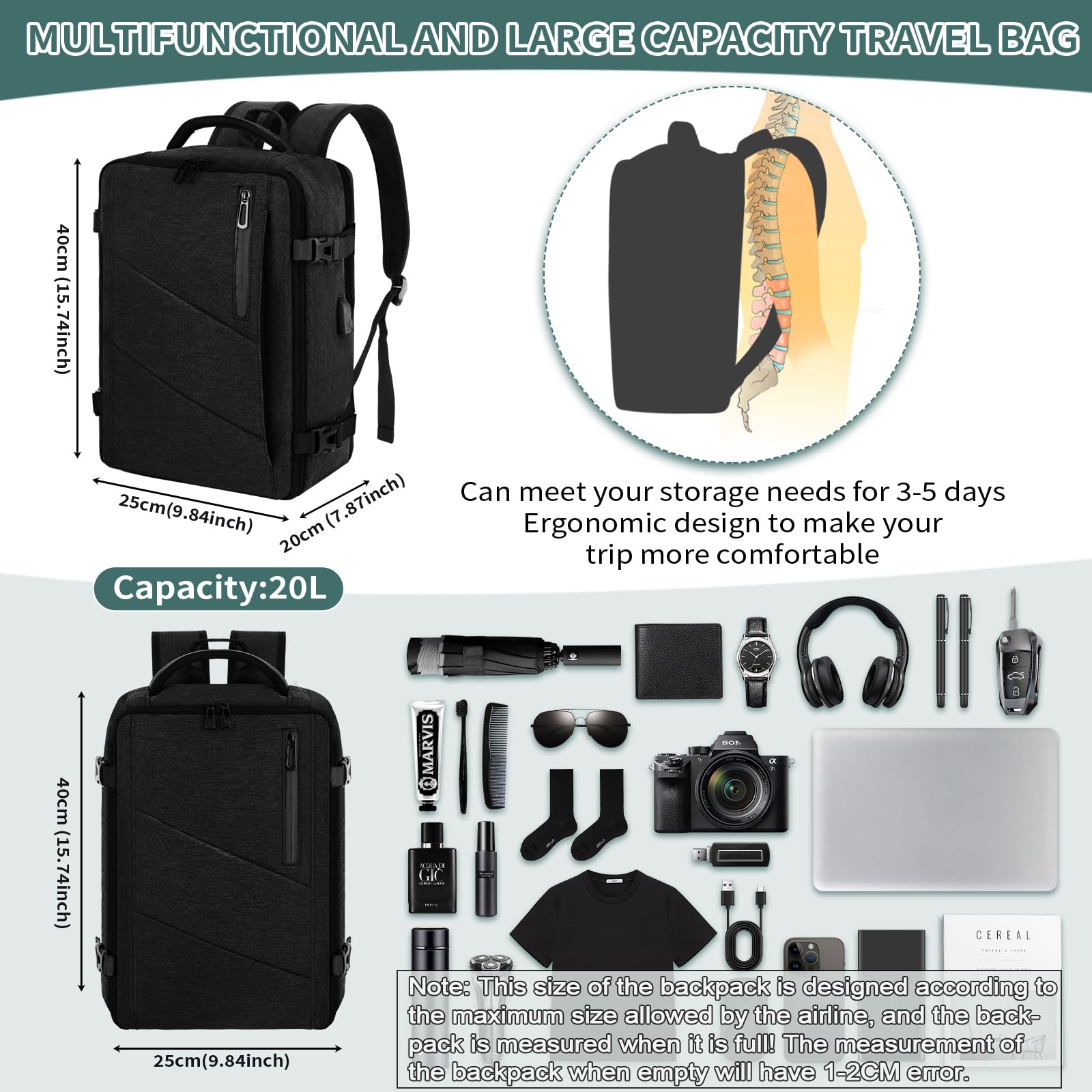 VOESLD Zaino per Ryanair 40x20x25, Zaino da Viaggio Aereo Bagaglio a Mano Nero Zaino Porta PC Uomo Donna, Impermeabile Zaino Bagaglio a Mano per Tutte le Principali Compagnie Aeree, con Porta USB, 20L