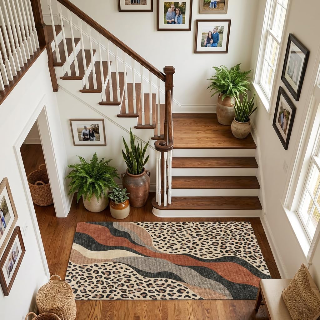 3x5 Area Rug Leopard Print Abstract Wave Rug with Non Slip Backing, Washable Low Pile Brown Beige Carpet for Entryway, Bedroom, Kids Room, Small Living Space