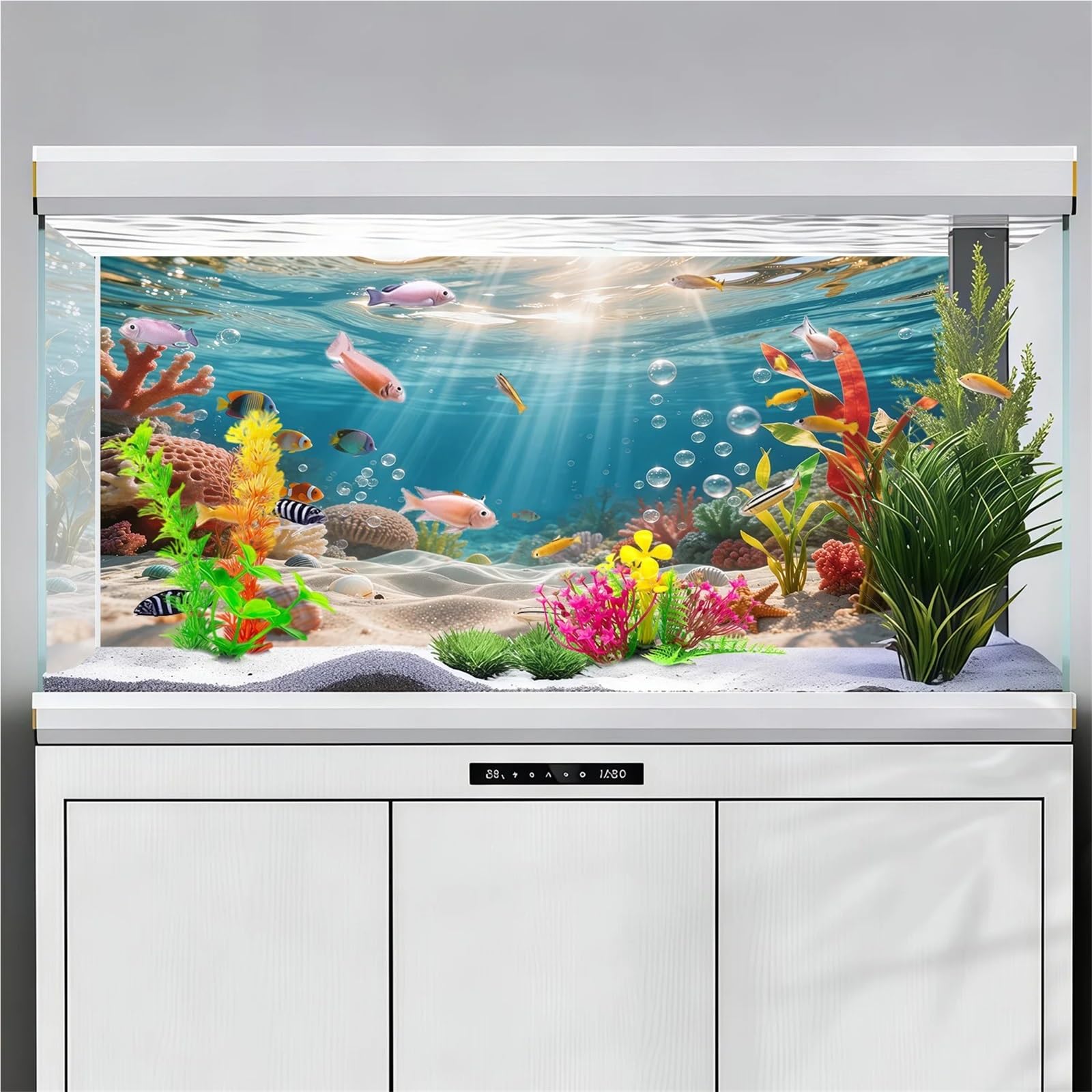 Adesivo for Pittura Acquario con Effetto 3D | Alghe bolle di sole, pittura di sfondo for acquario, autoadesivo frontale, ornamenti paesaggistici(60X40cm-23.6X15.8in)