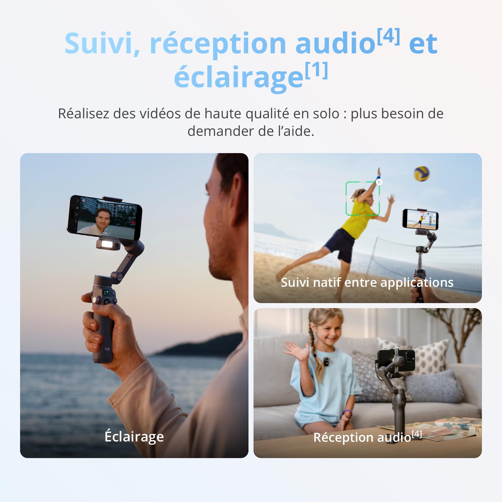 Nacelle stabilisatrice pour Smartphone DJI Bundle Suivi avancé Osmo Mobile 8, Suivi natif IA avec Audio et éclairage, Rotation panoramique à 360°, Barre d’Extension et trépied intégrés