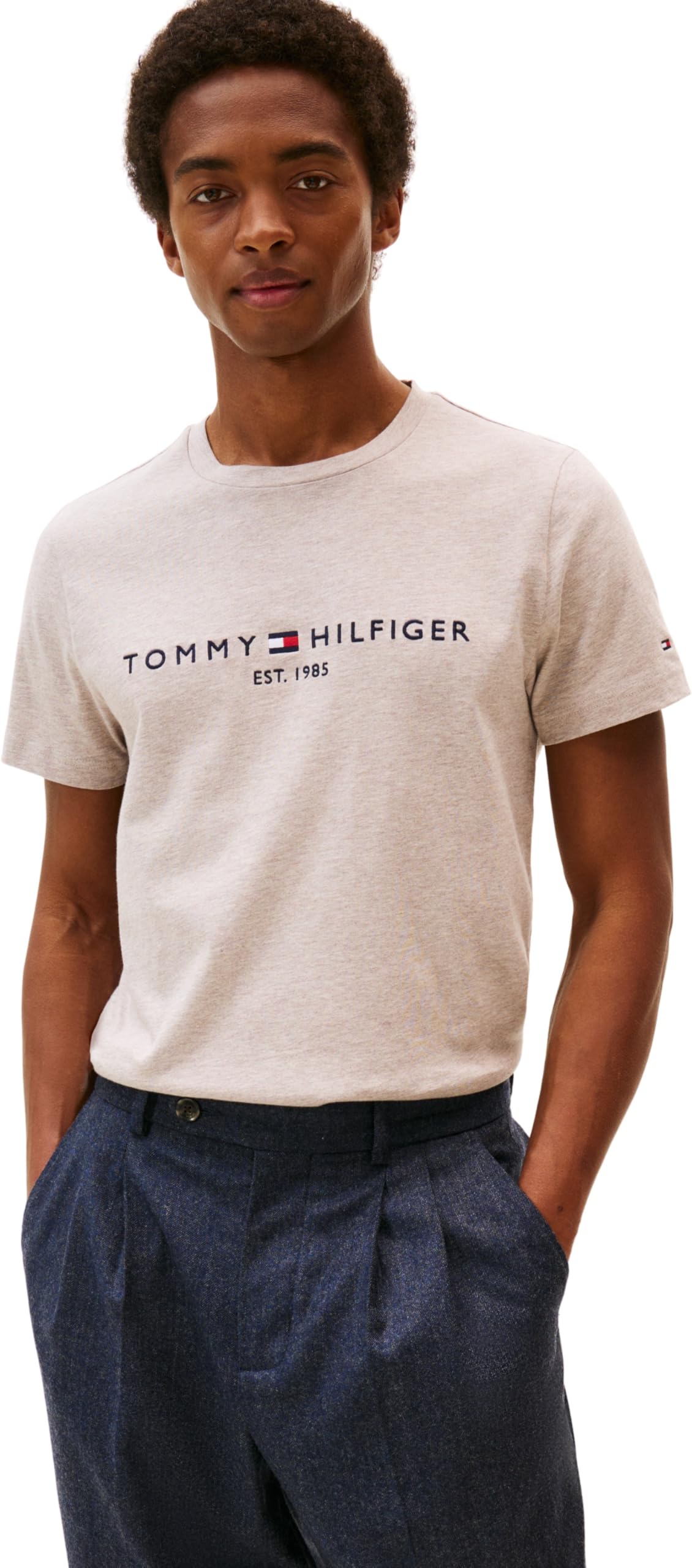 Tommy Hilfiger Men’s Short Sleeve Slim Fit T-Shirt, Beige (Heathered Pebble), XXL