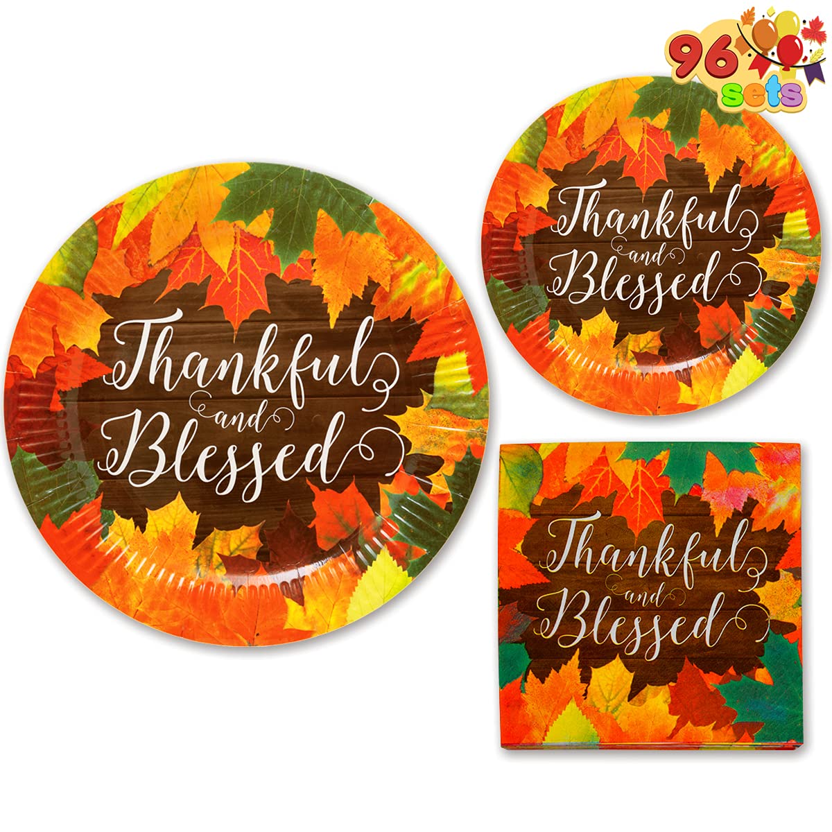 JOYIN 96 Pcs Thanksgiving Disposable Paper Plates and Napkins Set Includes 24 10" Dinner Plates 24 7" Dessert Plates and 48 Napkins for Birthday Parties, Fall Picnic, BBQs and Autumn Celebrations