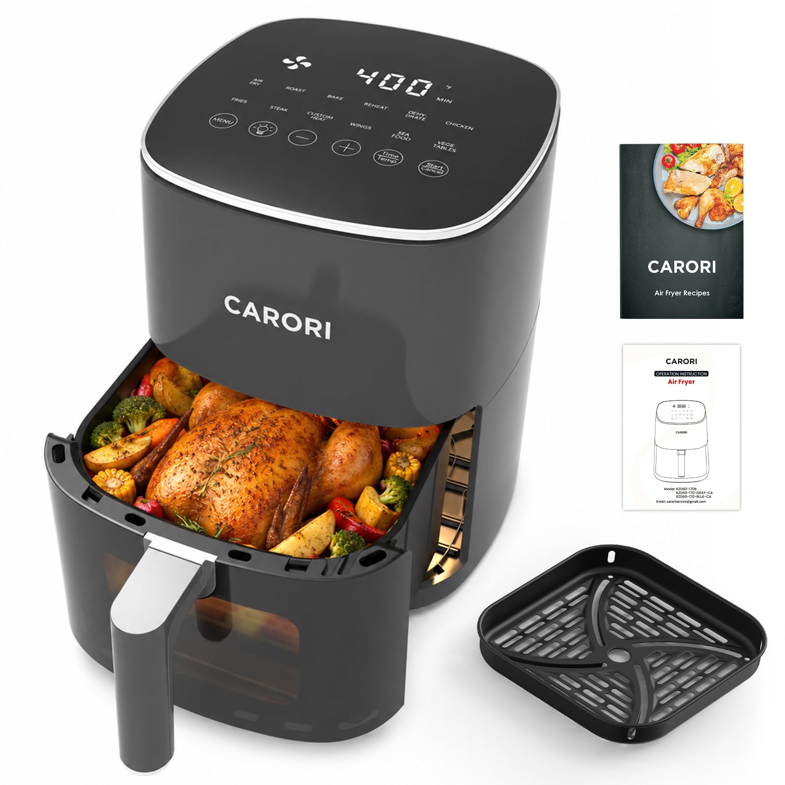 CARORI 6 Qt Air Fryer with Viewing Window, 12 Presets, 1700W, 400°F Max, Large Nonstick Dishwasher-Safe Basket, Bake, Roast, Reheat, Dehydrate, Gray