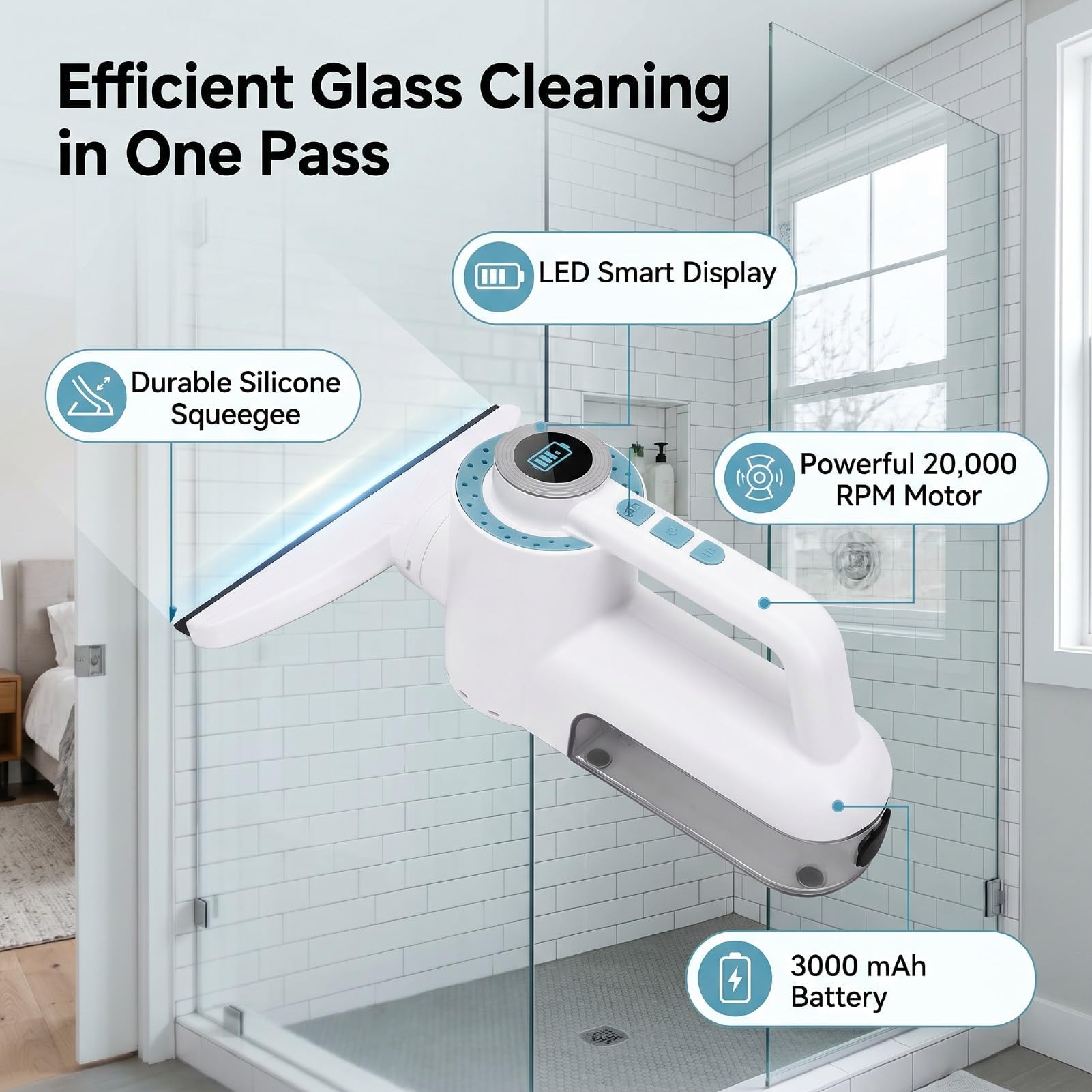 Aspiradora inalámbrica 4 en 1 para ventana, escobilla de ventana recargable con función de pulverización, 20000 RPM con pantalla LED de batería para vidrio, ventana, espejo