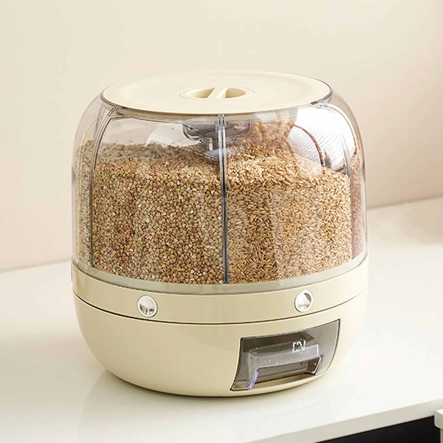 Ceruaxb Rotating Grain Storage Bin - 6 Grids 22LBS Capacity Rice Food Dispenser with One-Click Output & Moisture-Proof Design, Kitchen Countertop Pantry Organizer for Rice, Beans, Cereals (Large)